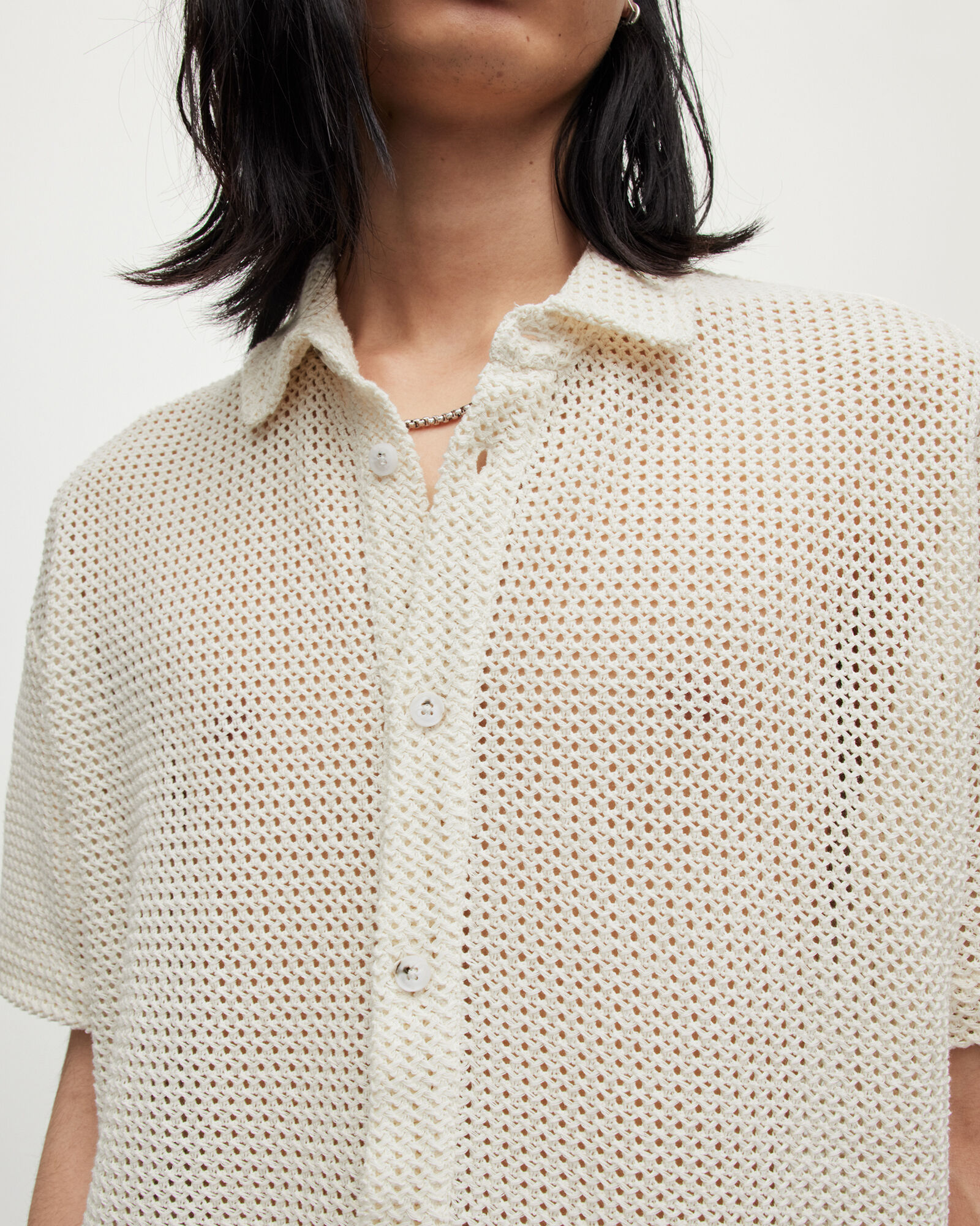Munroe Open Stitch Mesh Relaxed Shirt Chalk White | ALLSAINTS
