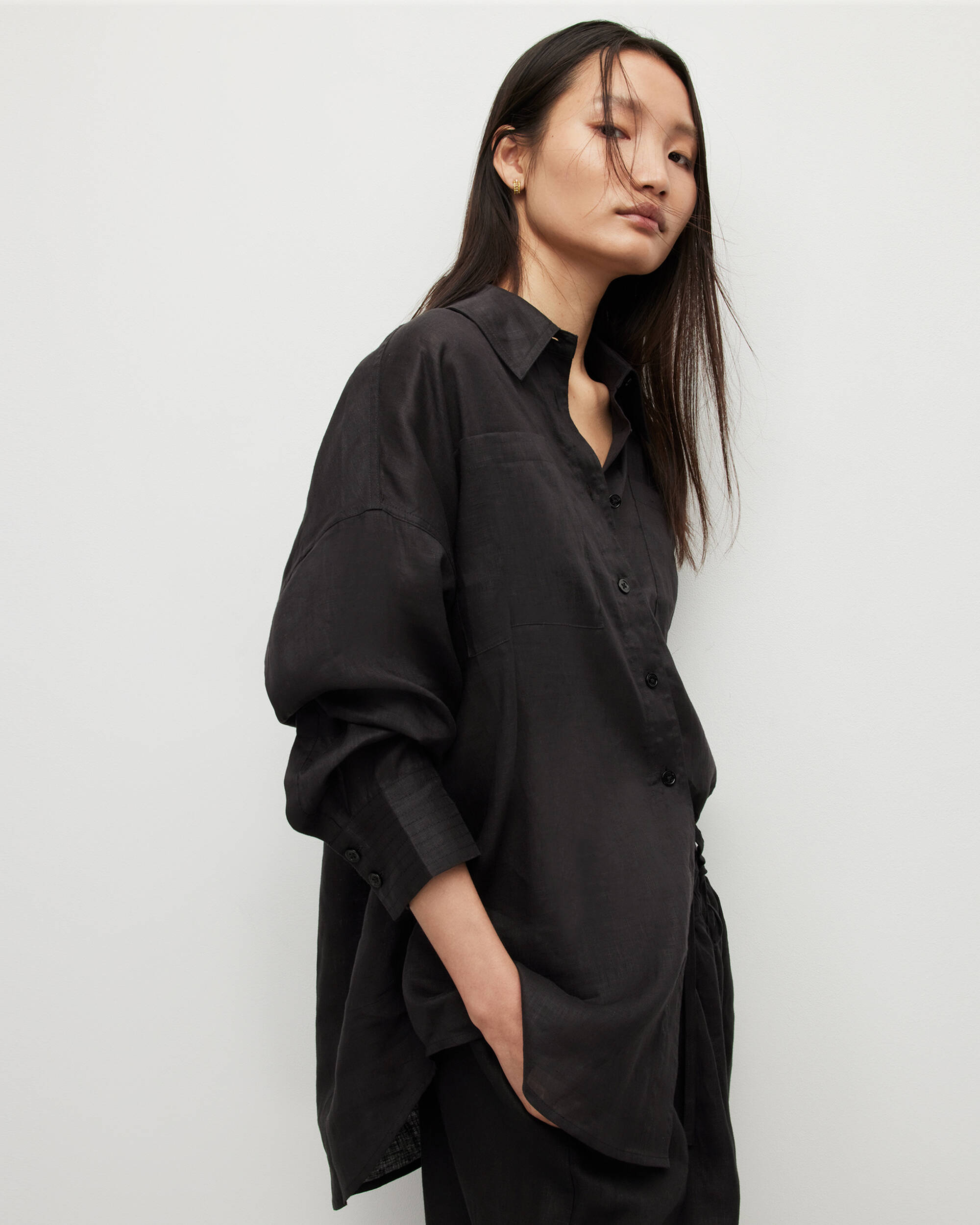 Inez Oversized Linen Shirt Black | ALLSAINTS