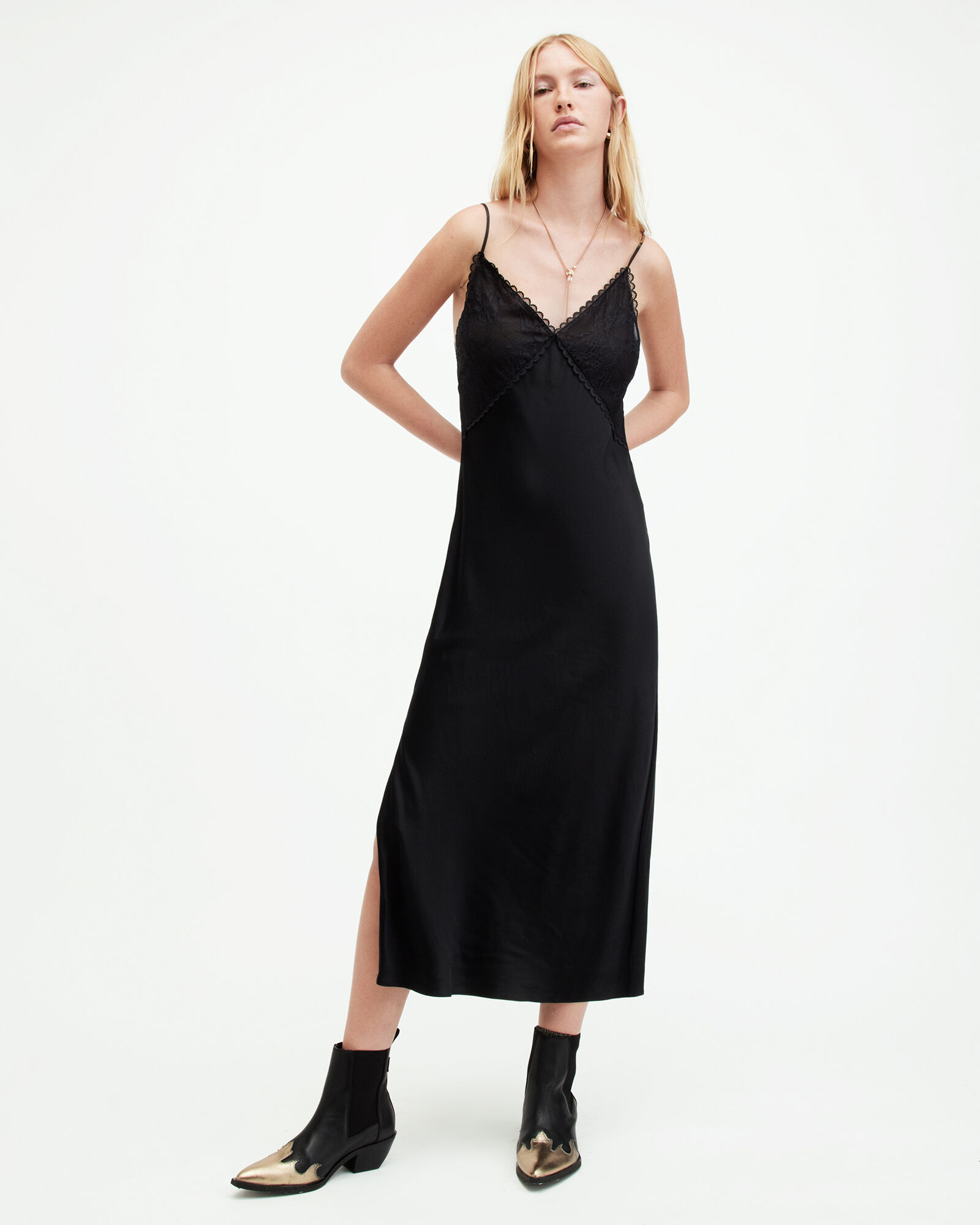 Immy Lace Trim V-Neck Midi Slip Dress Black | ALLSAINTS US