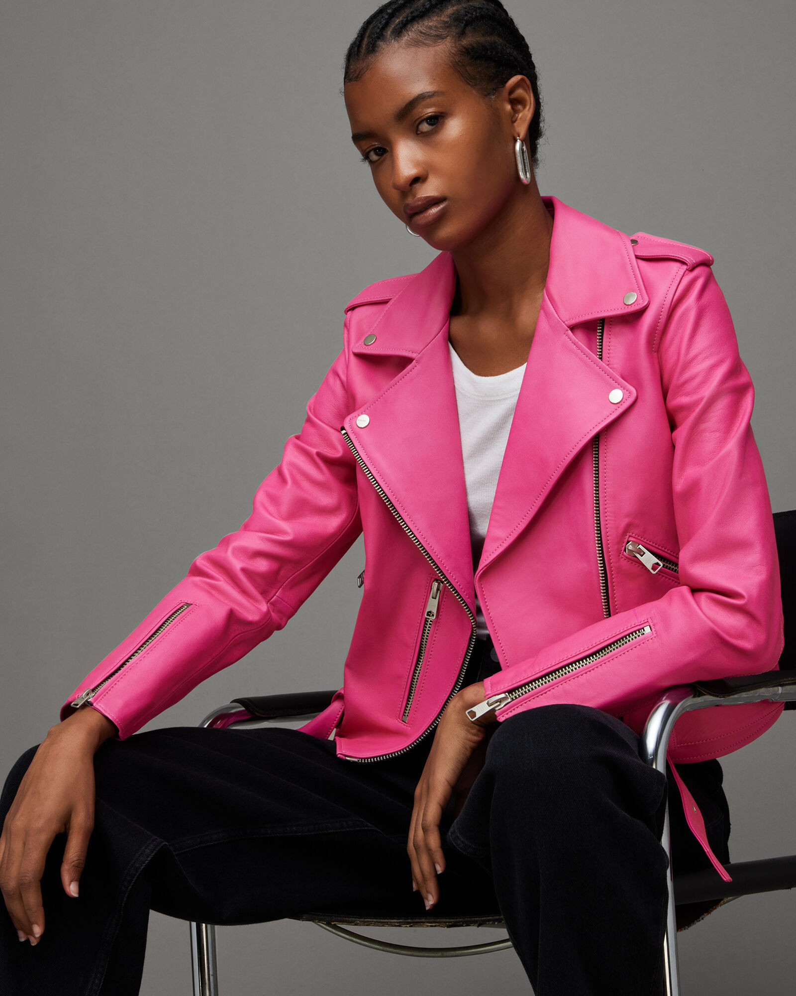 Balfern Belted Hem Leather Biker Jacket Neon Pink | ALLSAINTS US