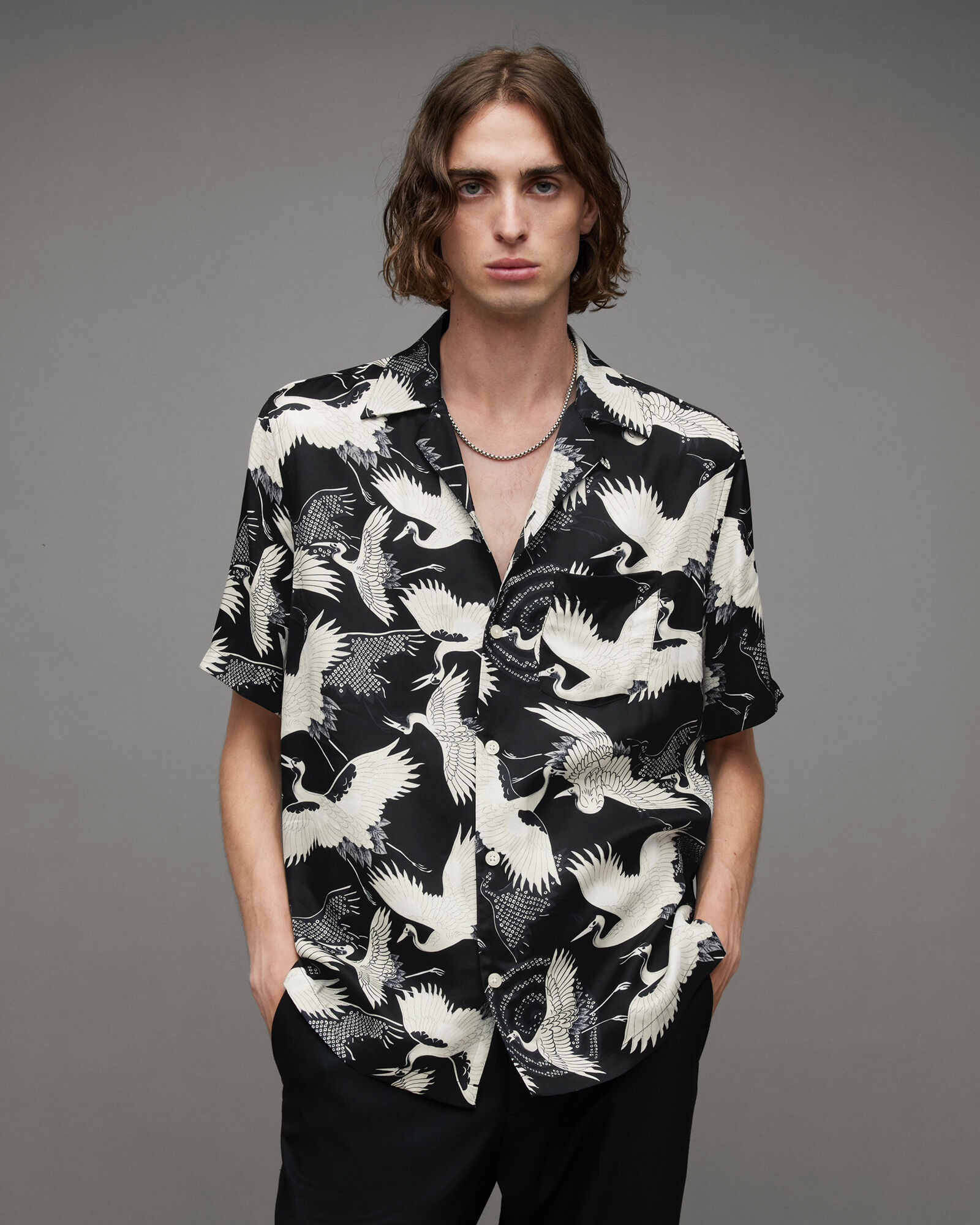 Tsuru Bird Print Short Sleeve Shirt Black | ALLSAINTS US