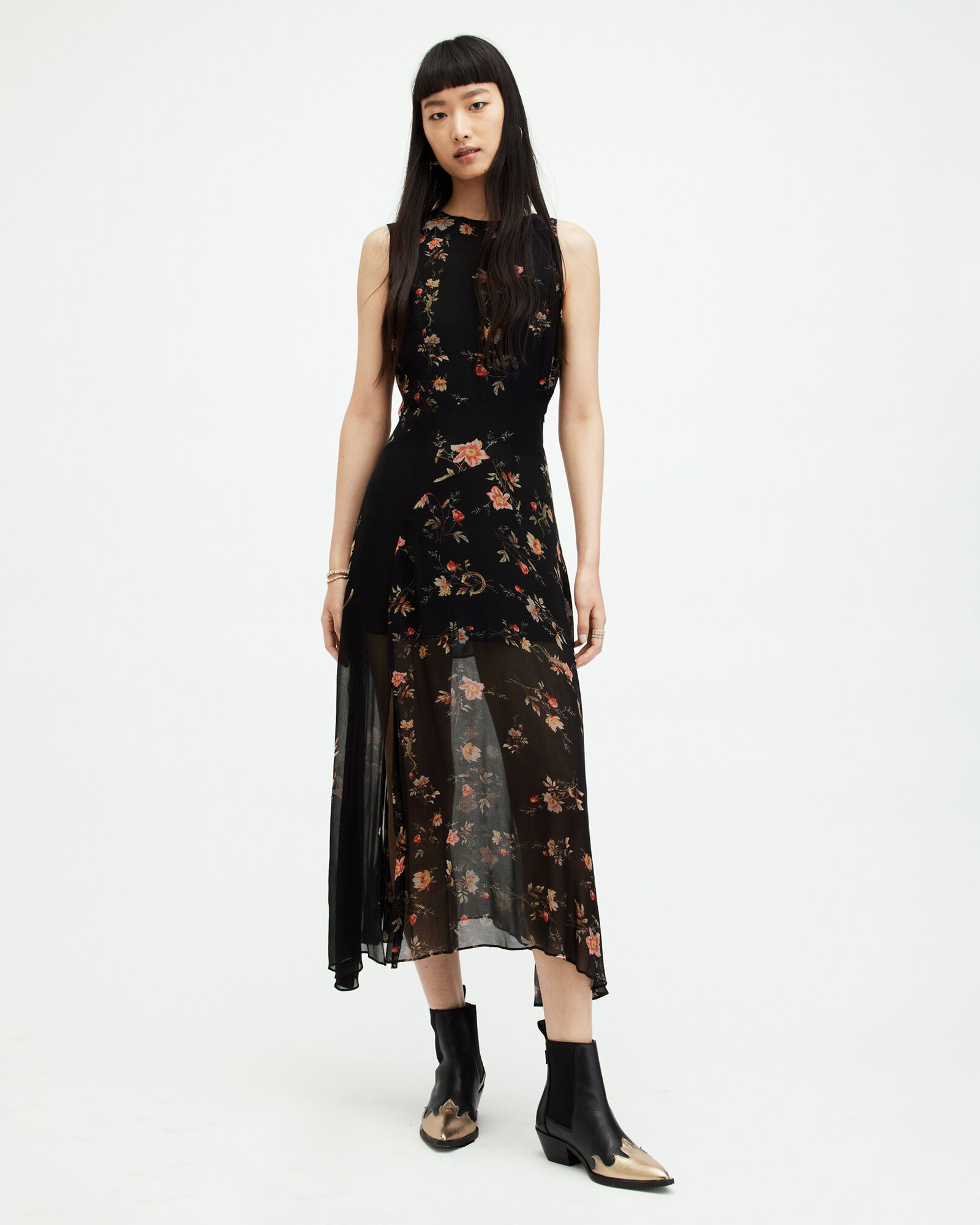 Jules Floral Tanana Print Maxi Dress Black | ALLSAINTS US