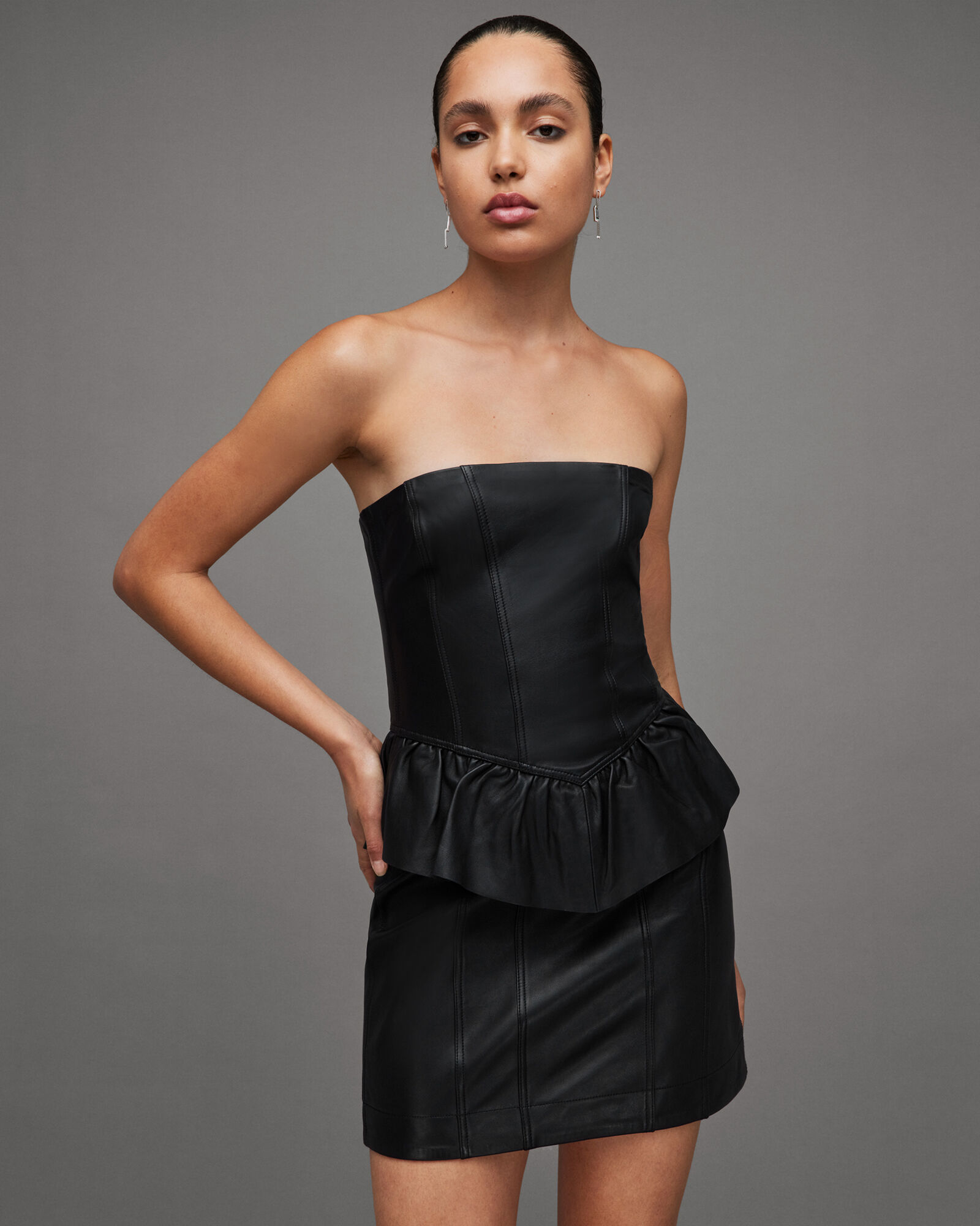 Cassie Leather Ruffle Mini Dress Black | ALLSAINTS US
