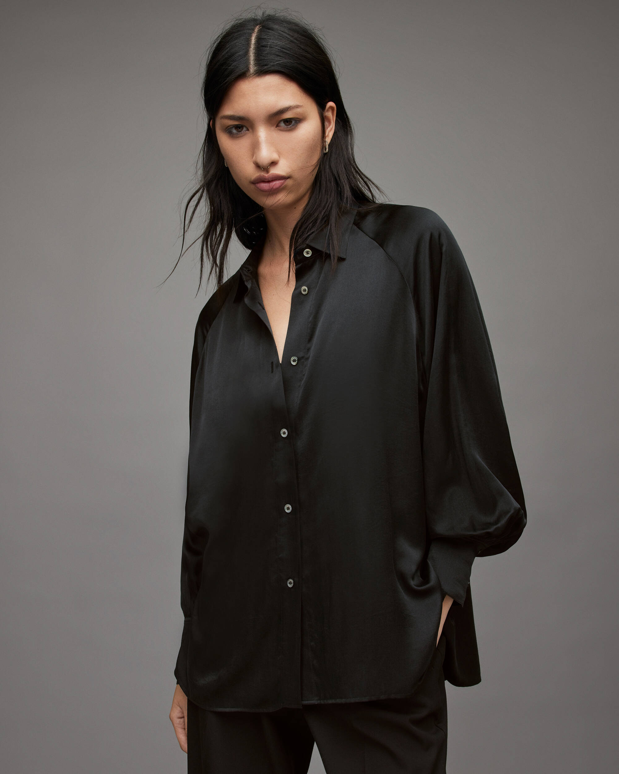 Oana Silk Blend Shirt Black | ALLSAINTS US
