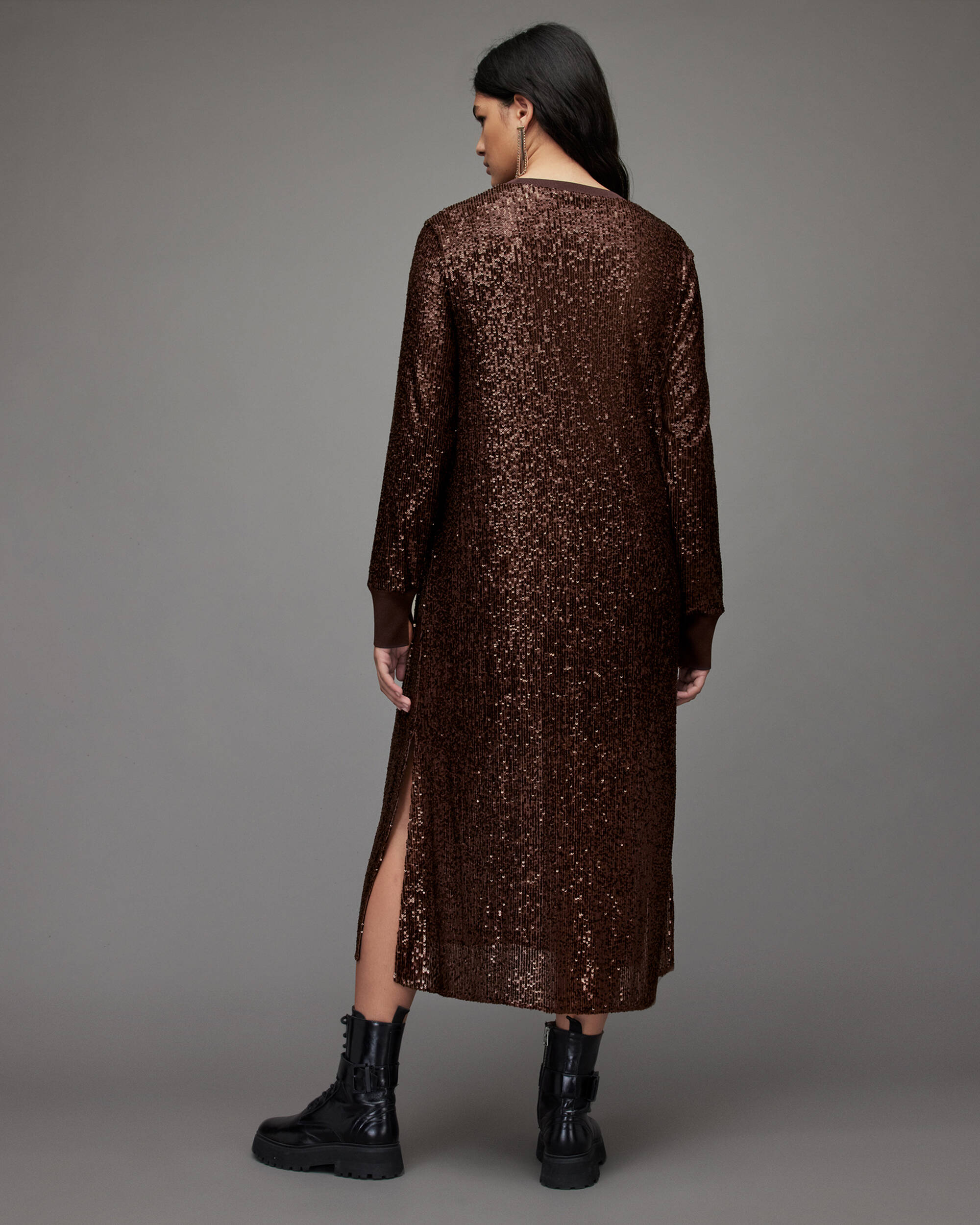Juela Crew Sequin Midi Dress Dark Brown | ALLSAINTS US