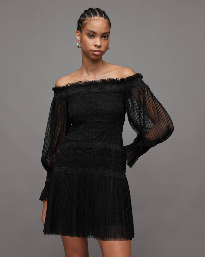 Mini Shirred Off-The-Shoulder Black | ALLSAINTS Layla Dress US