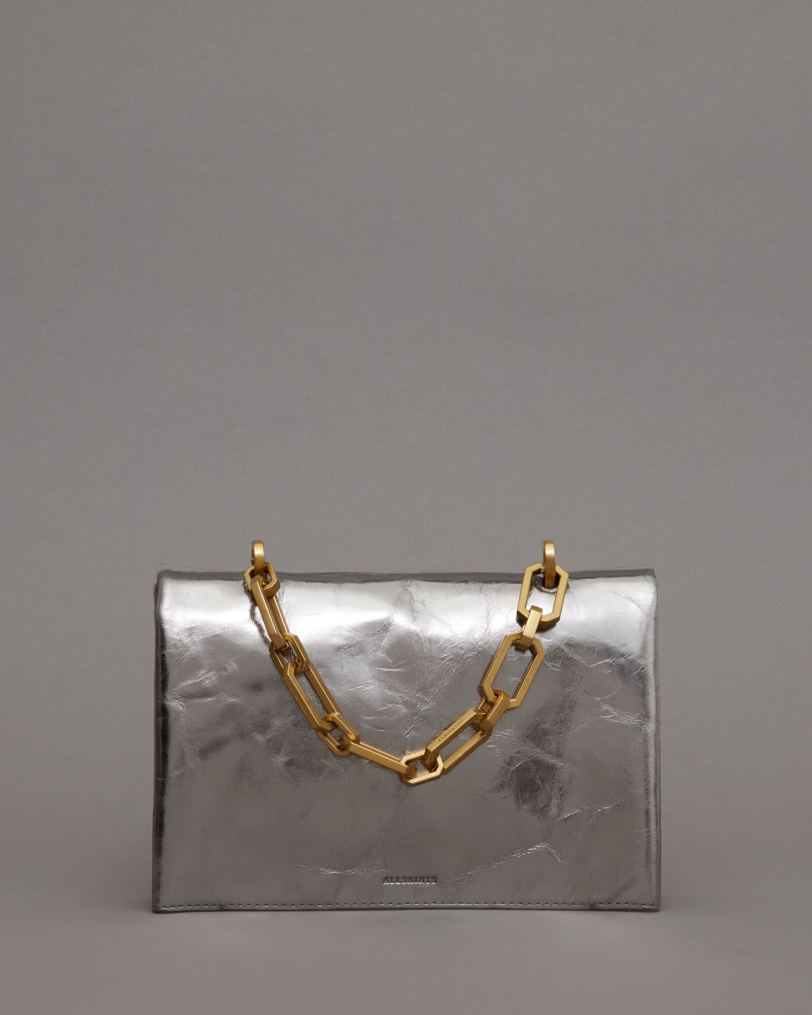 Yua Leather Removable Chain Clutch Bag Pewter | ALLSAINTS US