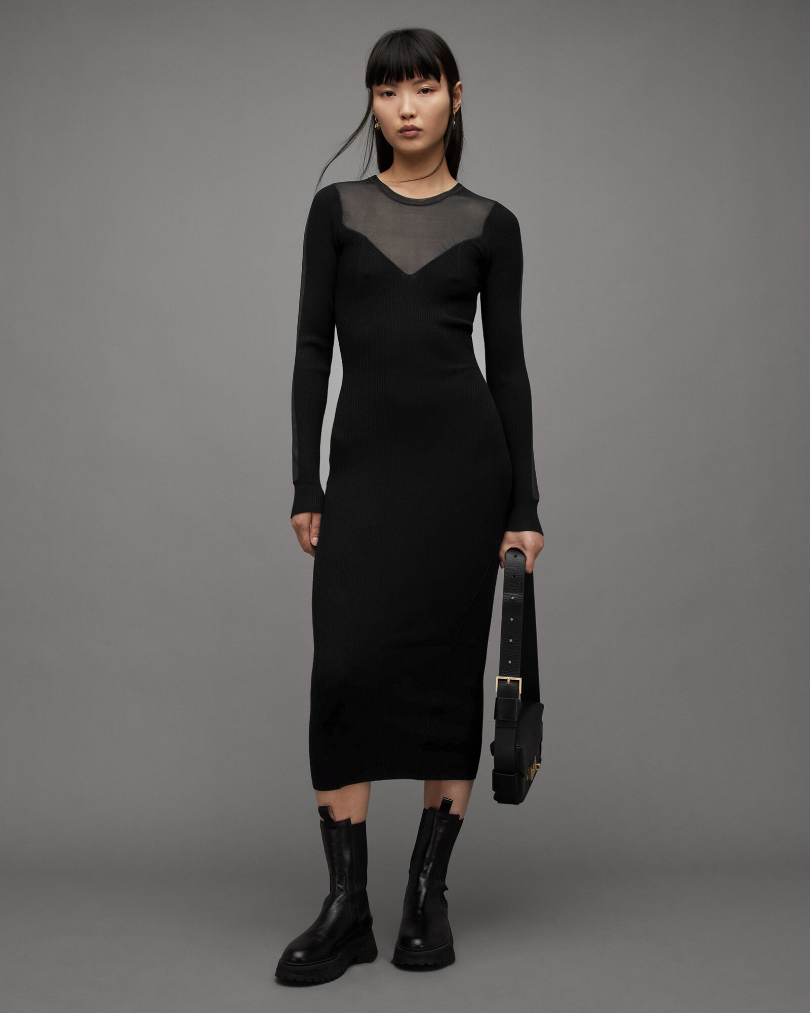 Flete Sheer Panelled Midi Dress Black | ALLSAINTS US