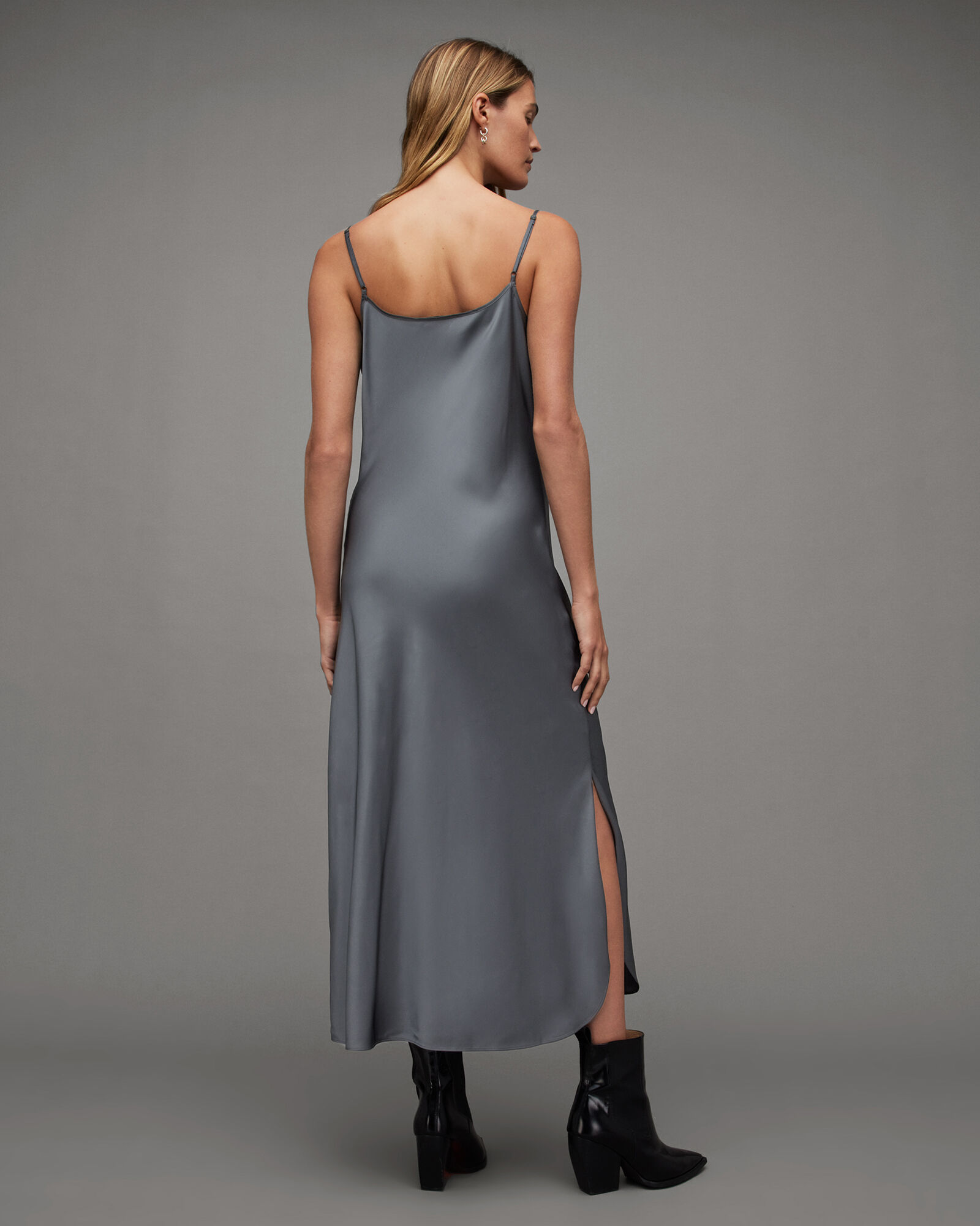 Hadley Cowl Neck Midi Slip Dress Washed Grey | ALLSAINTS US