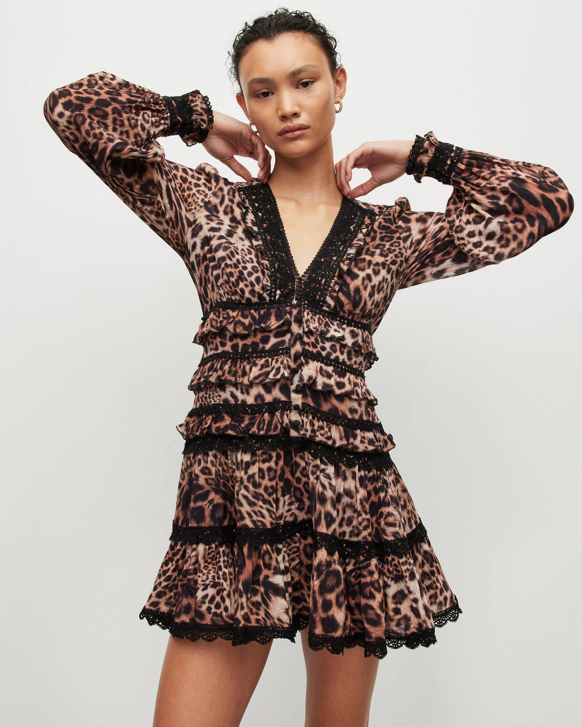 Zora Evita V-Neck Ruffled Mini Dress ANIMAL BROWN | ALLSAINTS US