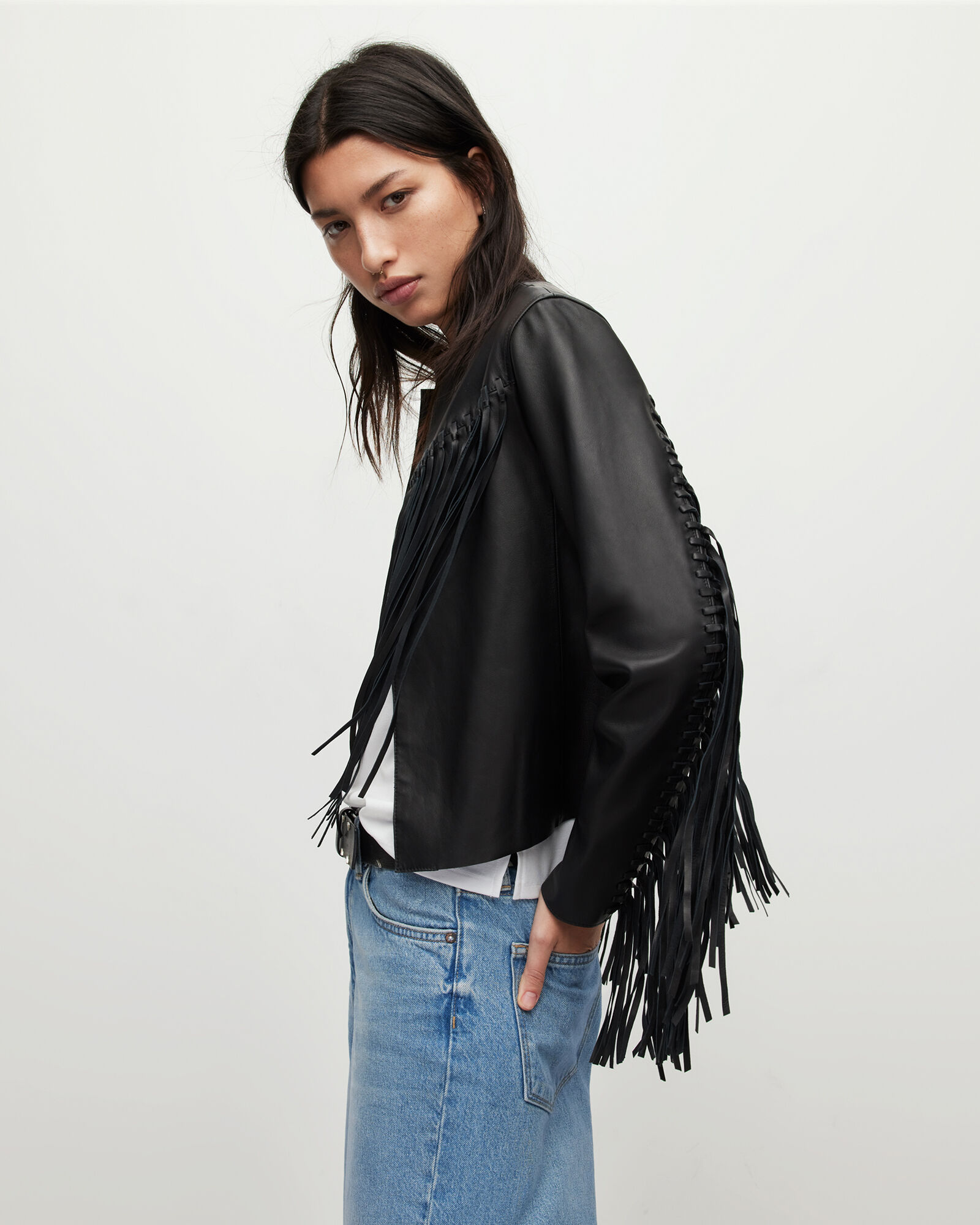 Reema Fringed Leather Tassel Jacket Black | ALLSAINTS US