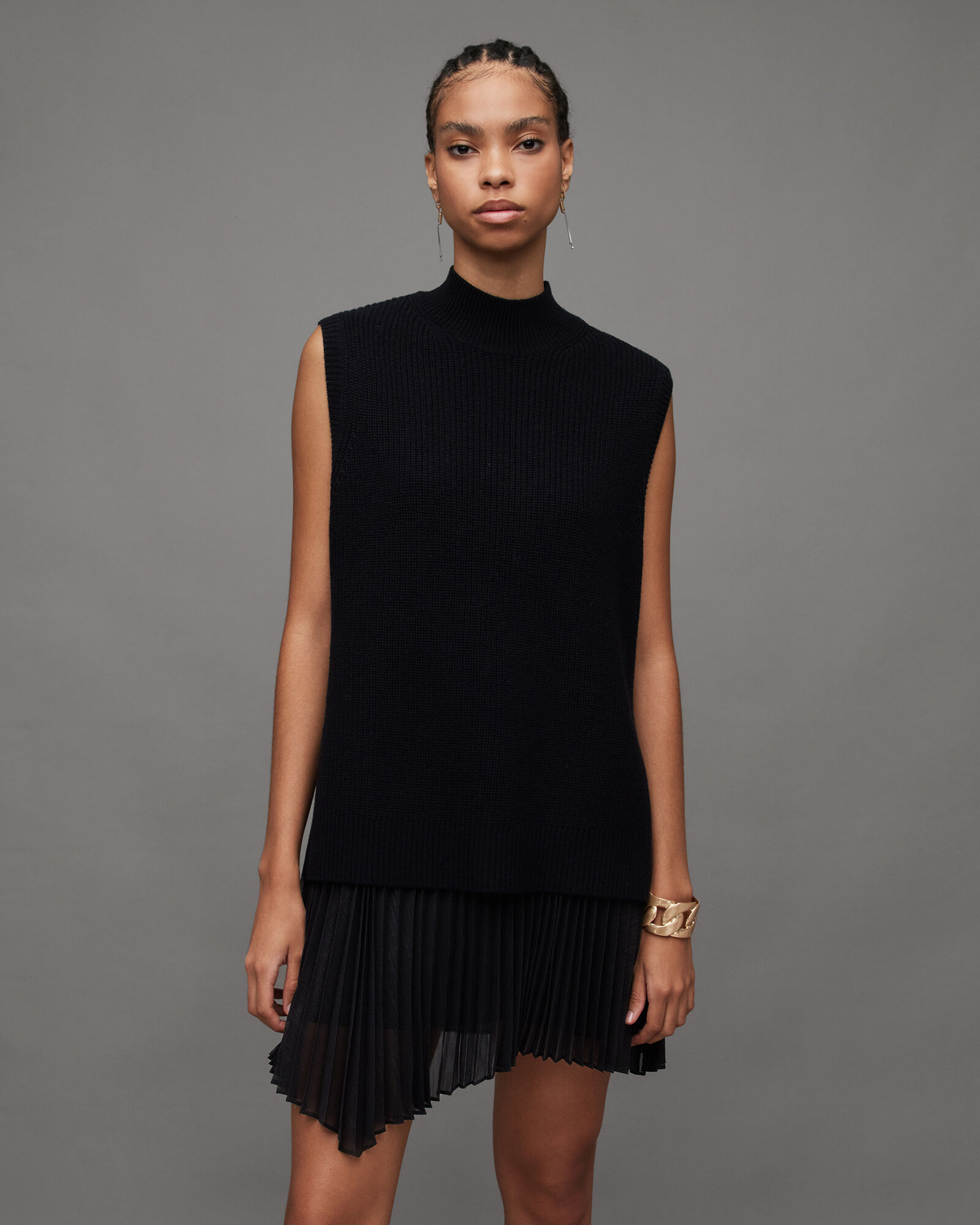 Eve 2-In-1 Sleeveless Pleated Mini Dress Black | ALLSAINTS US