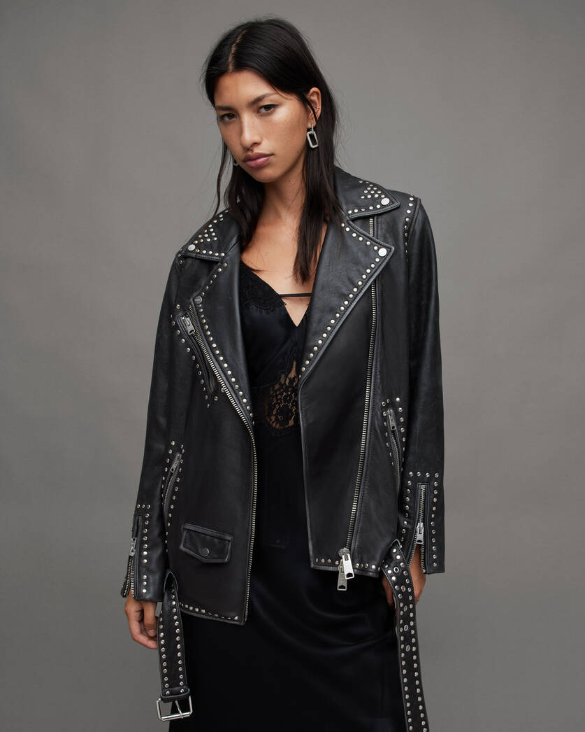 Black bomber women studded leather jacket
