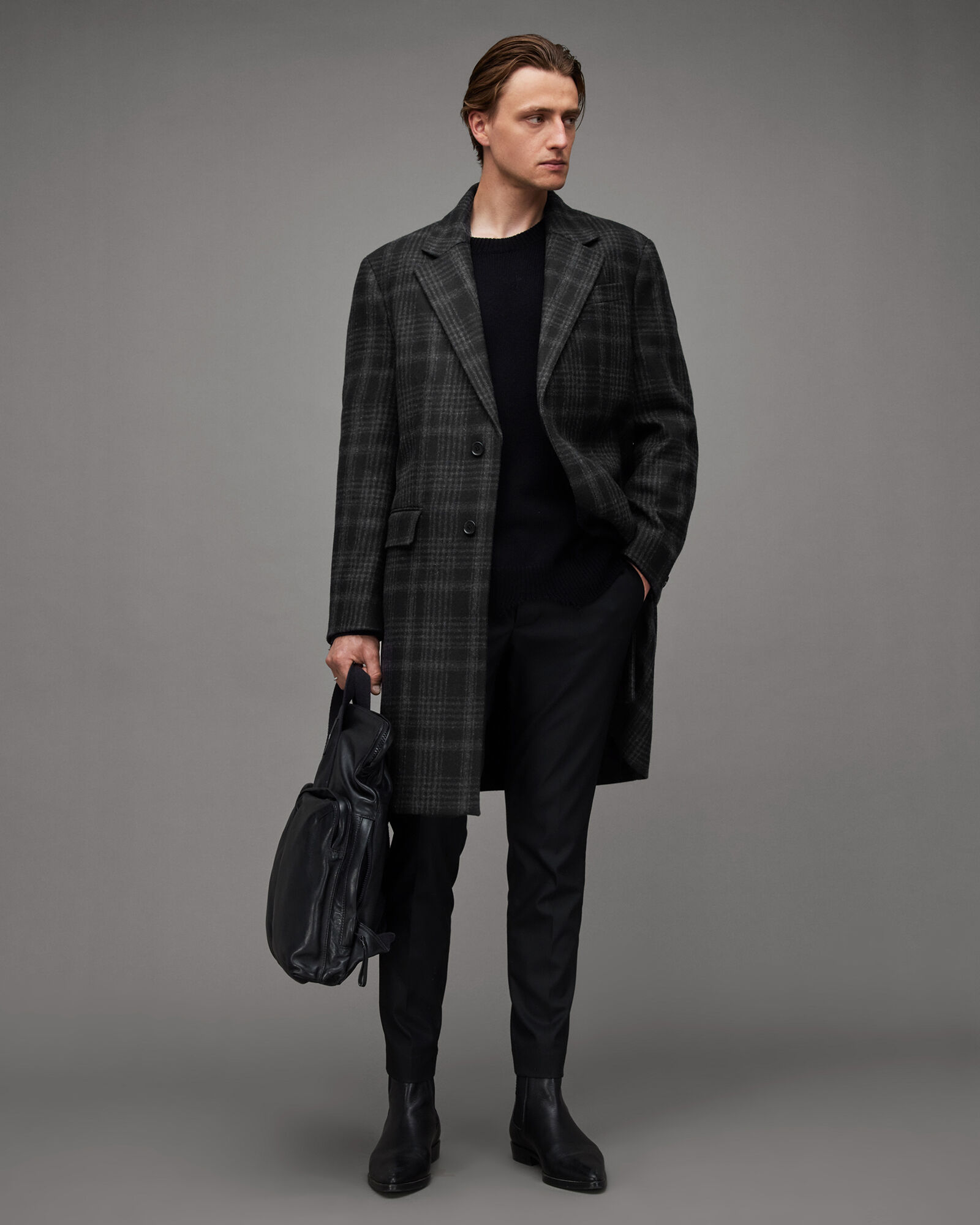 Sargas Checked Long-Line Relaxed Coat Black | ALLSAINTS US