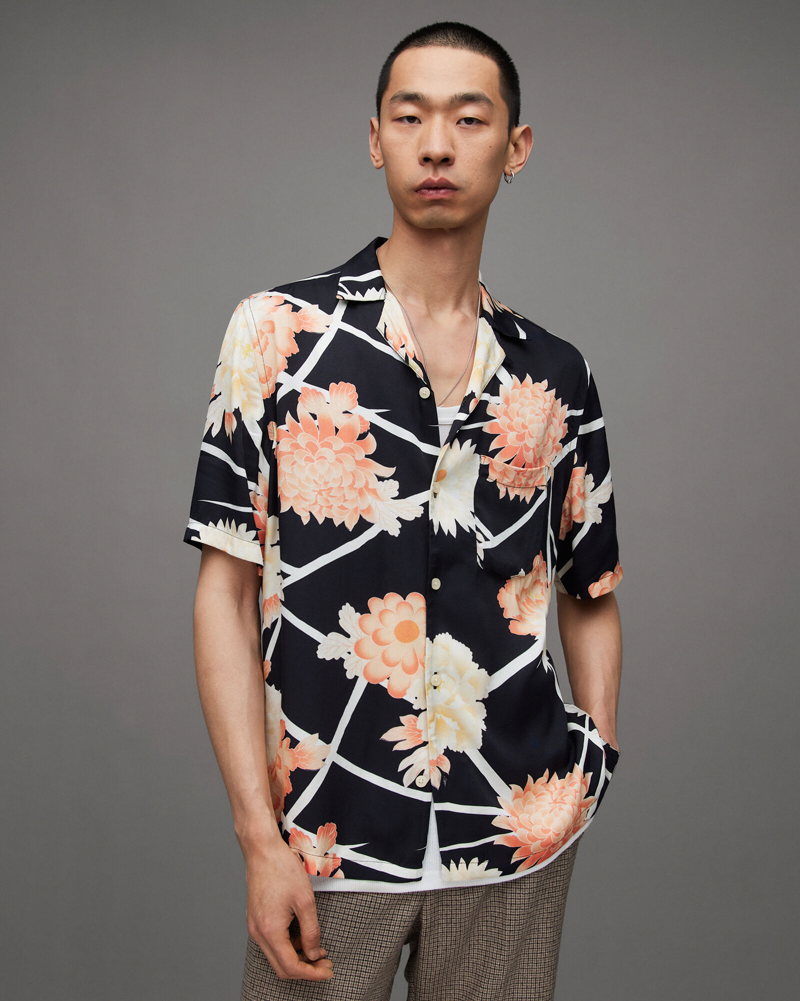 Sakura Kimono Print Short Sleeve Shirt Jet Black | ALLSAINTS US