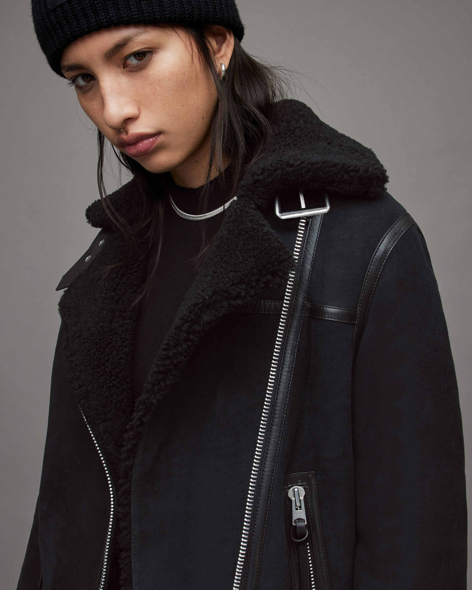 Rei Shearling Biker Jacket Black/Black | ALLSAINTS US