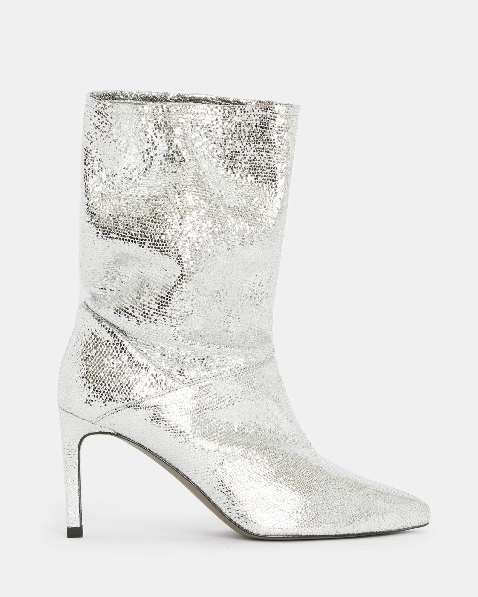 Orlana Heeled Shimmer Leather Boots Metallic Silver | ALLSAINTS US