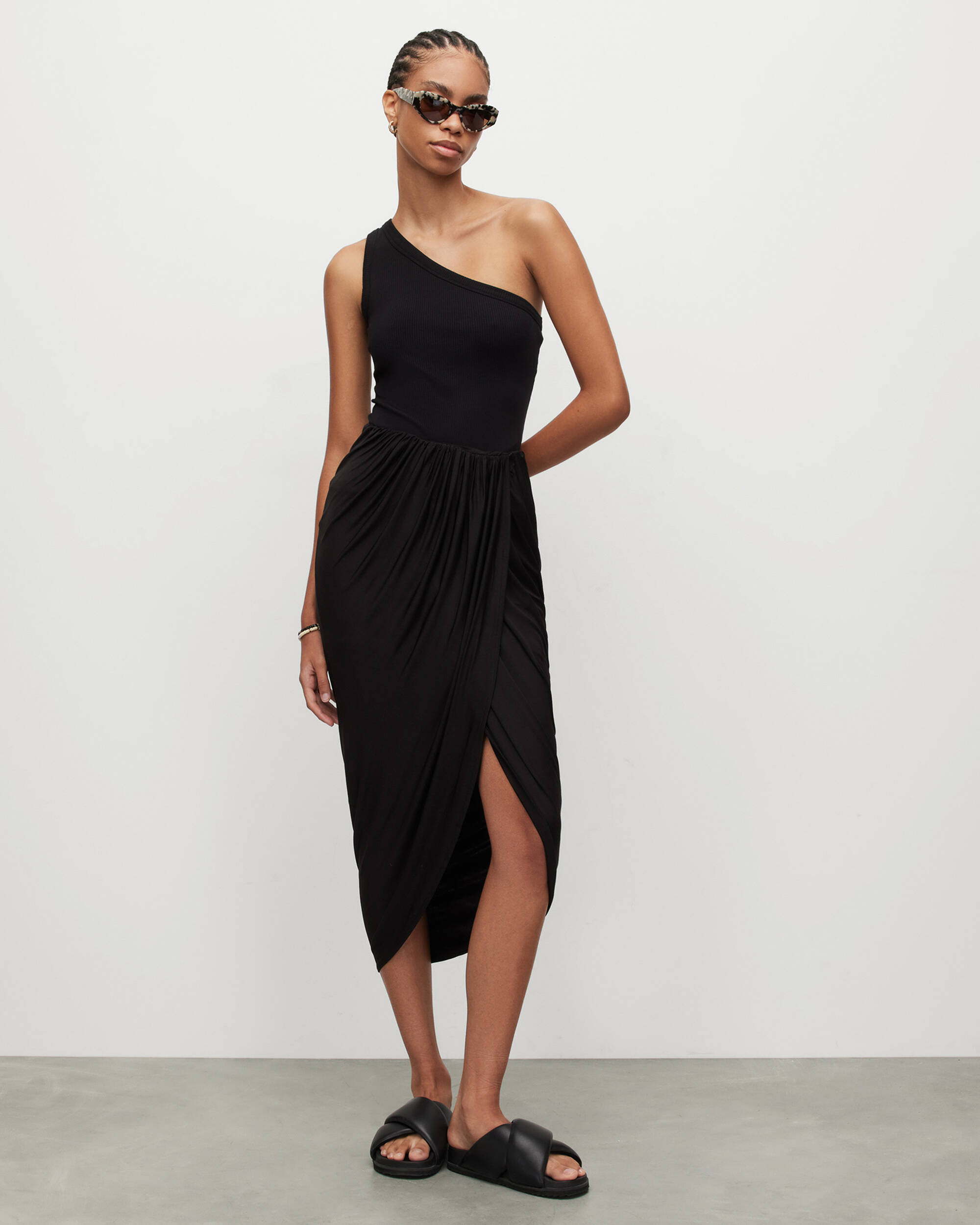 Aurelia Draped Asymmetric Hem Skirt Black | ALLSAINTS US