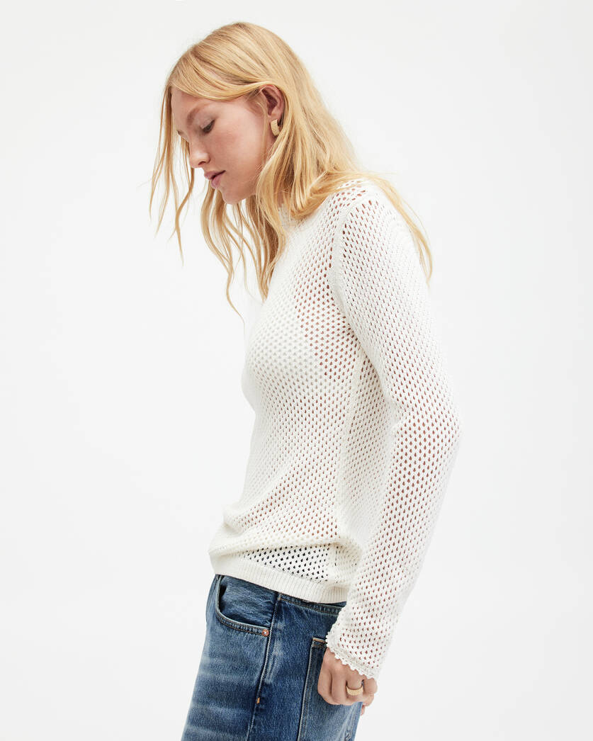 Avril Roll Neck Open Stitch White Sweater | ALLSAINTS US Chalk