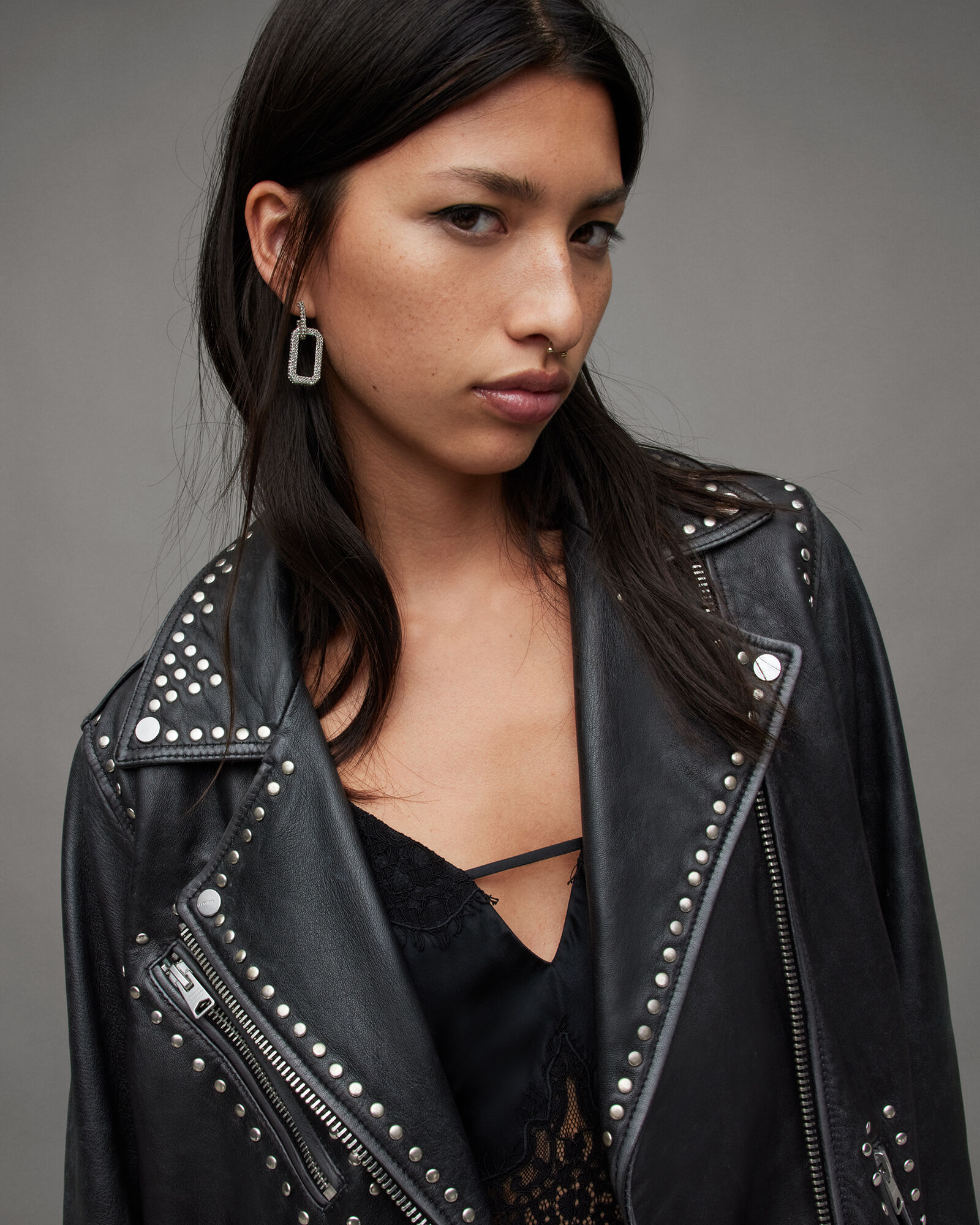 Billie Leather Rocker Studded Biker Jacket Washed Black | ALLSAINTS US