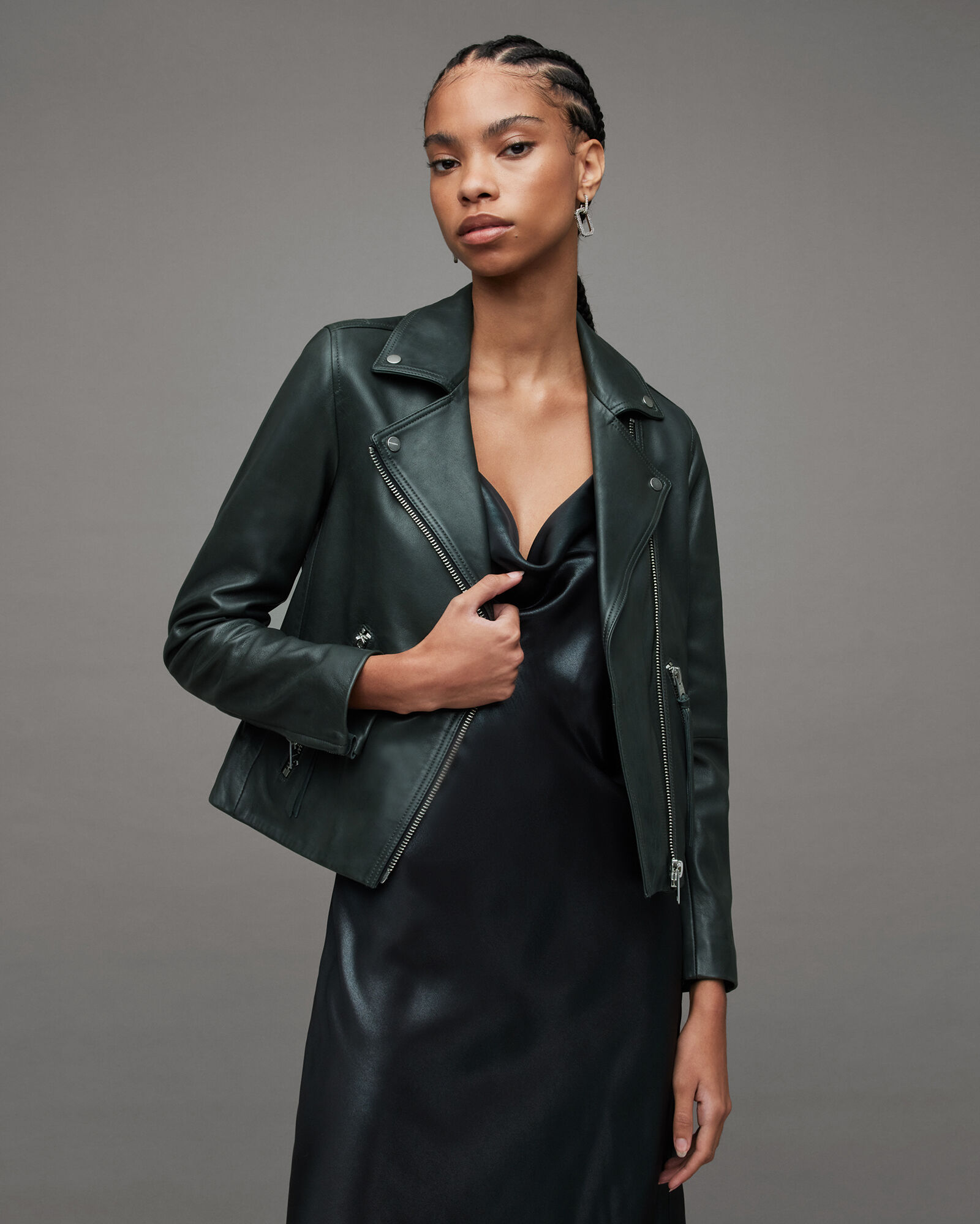 Dalby Slim Fit Leather Biker Jacket SYCAMORE GREEN | ALLSAINTS US
