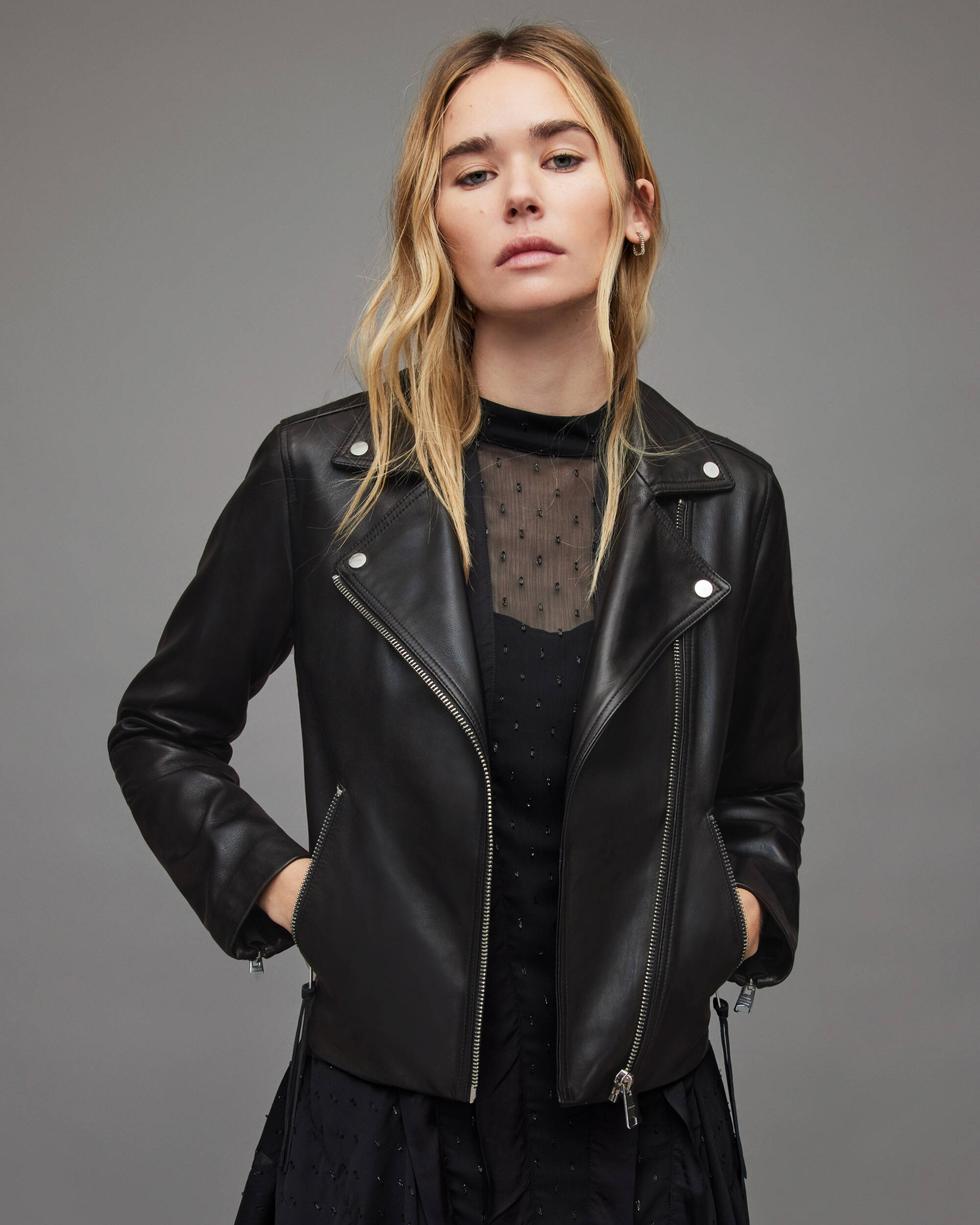 Dalby Leather Biker Jacket BLACK/SHINY SILVER | ALLSAINTS US