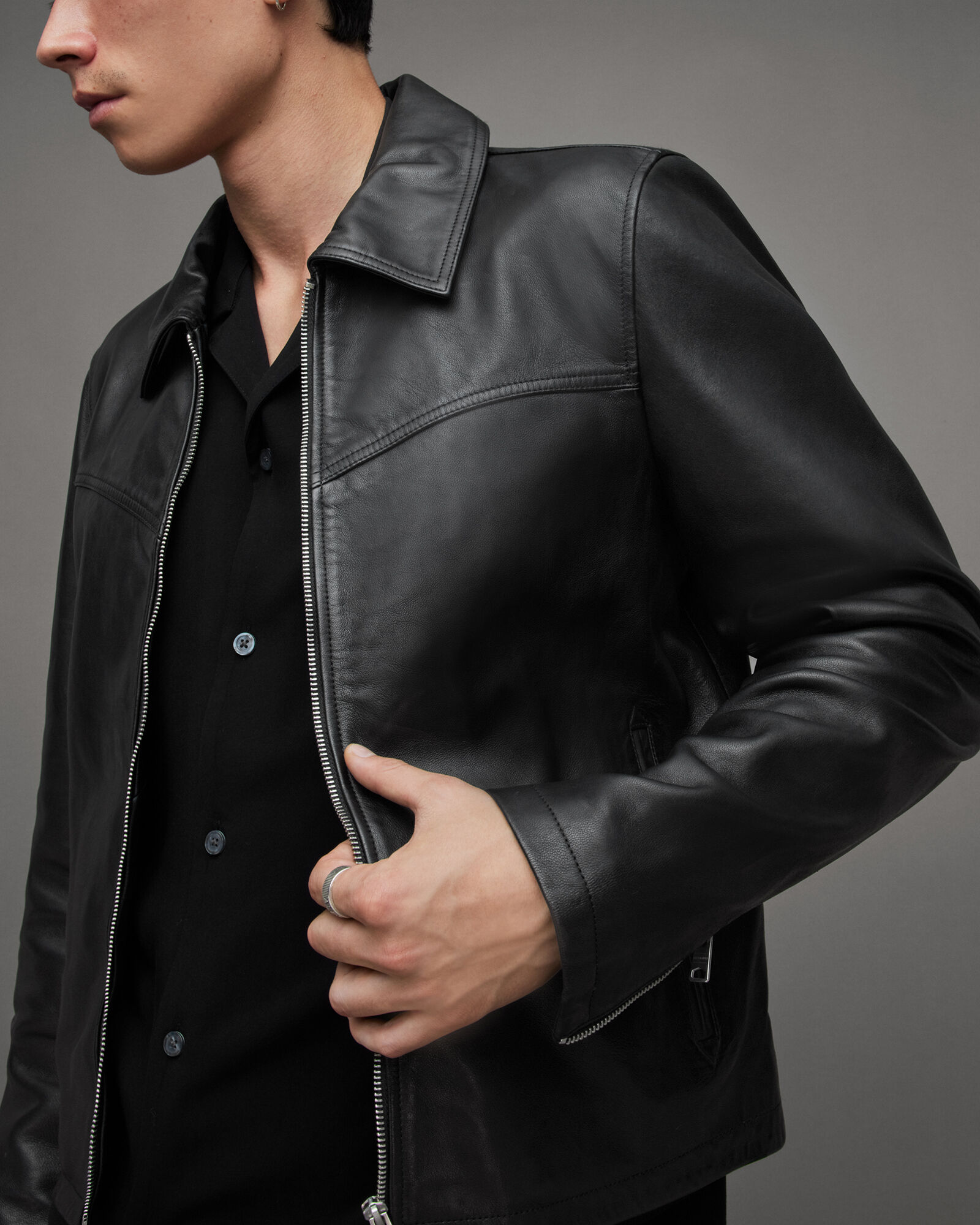 Tune Cropped Zip Up Leather Jacket Black | ALLSAINTS US