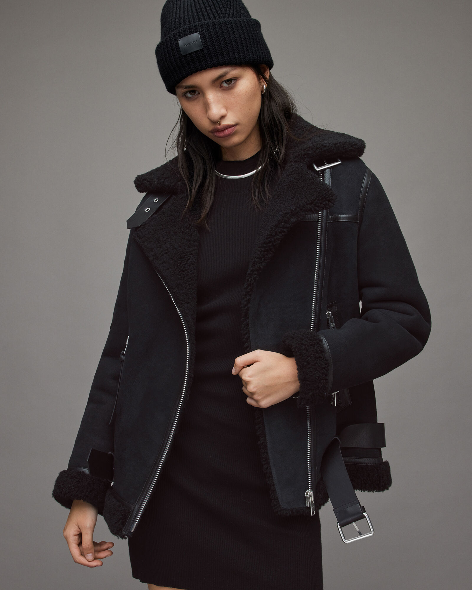 Rei Shearling Biker Jacket Black/Black | ALLSAINTS US