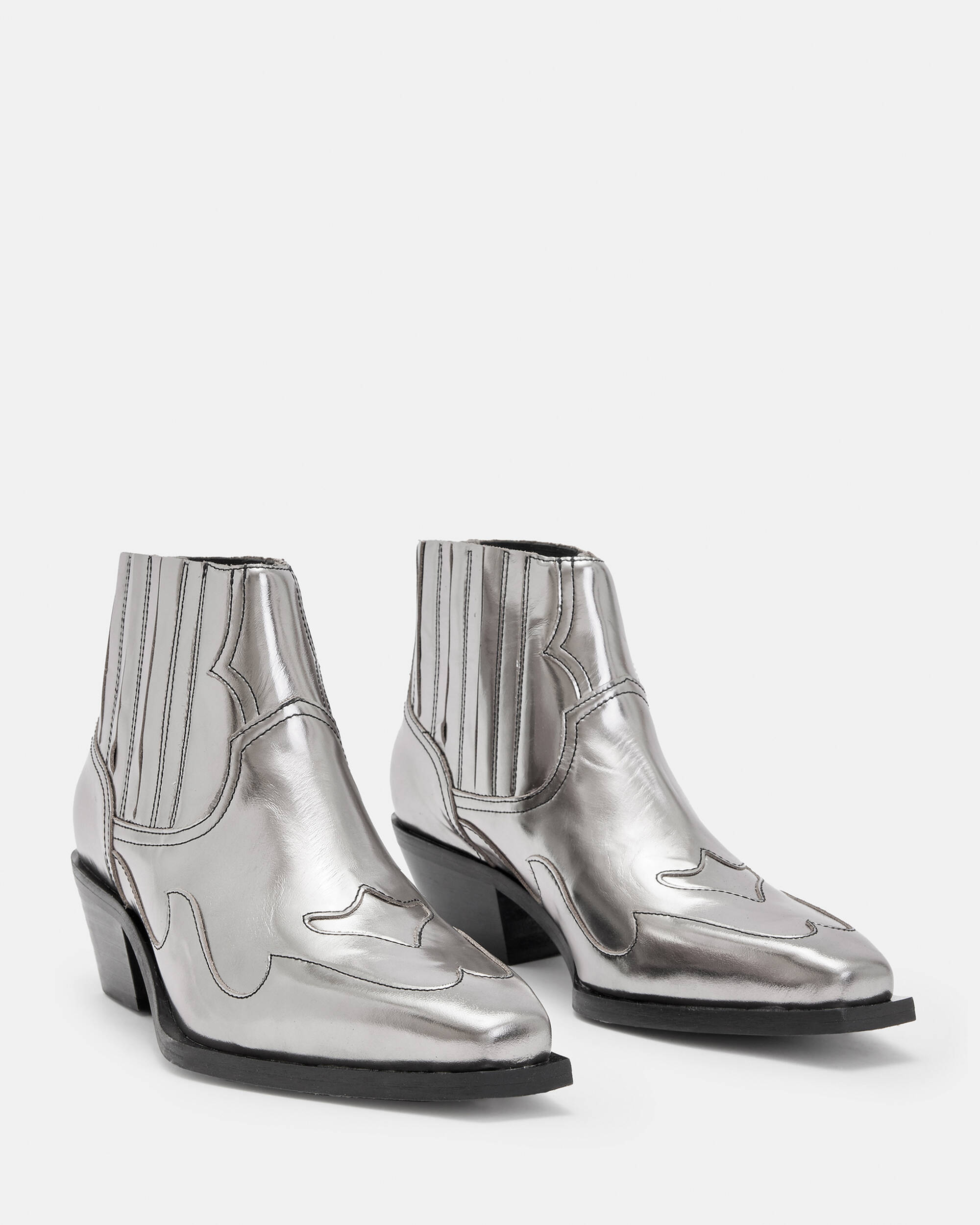 Jonty Metallic Leather Cowboy Boots Silver | ALLSAINTS US
