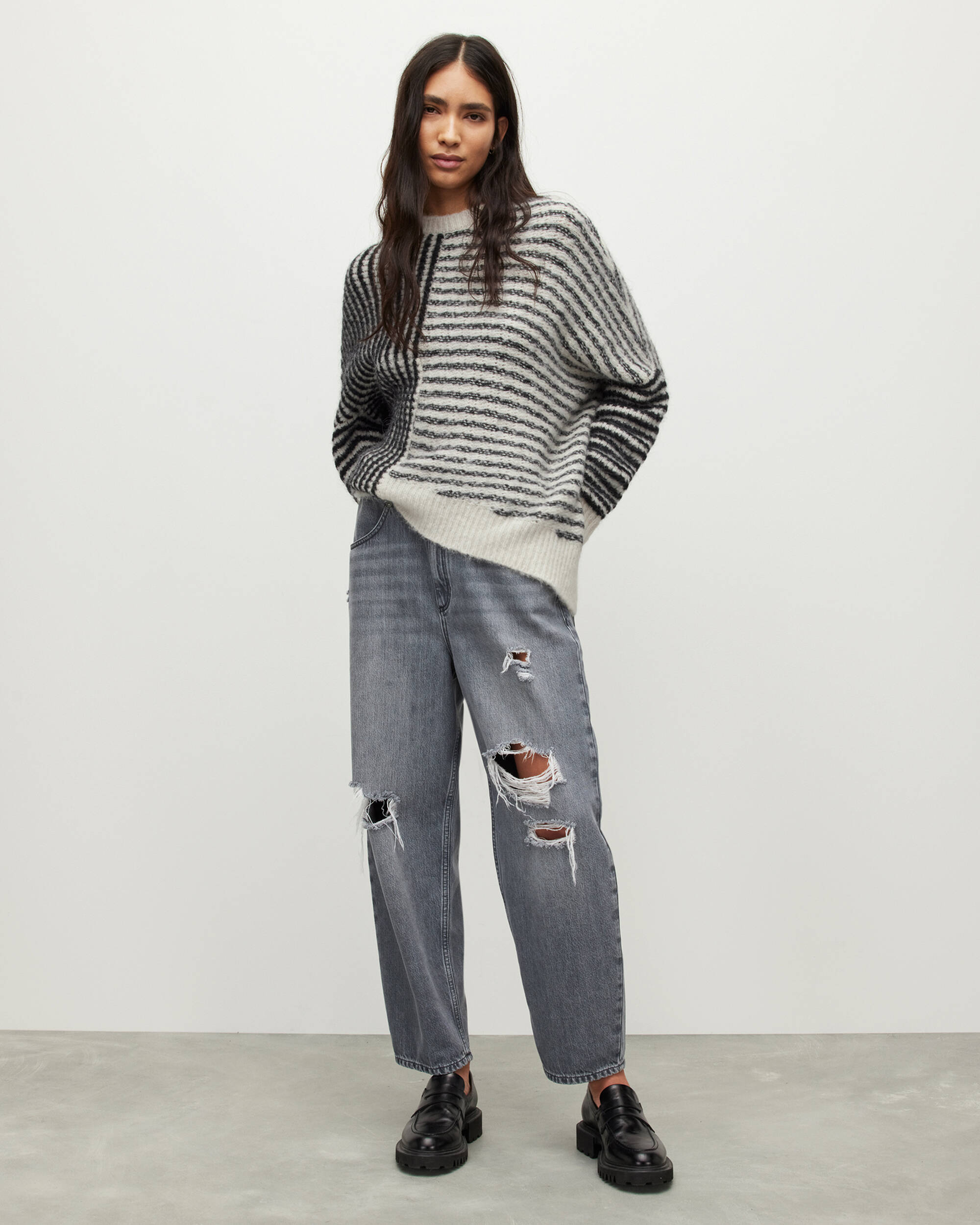 Selina Asymmetric Striped Sweater BLACK/CHALK | ALLSAINTS US