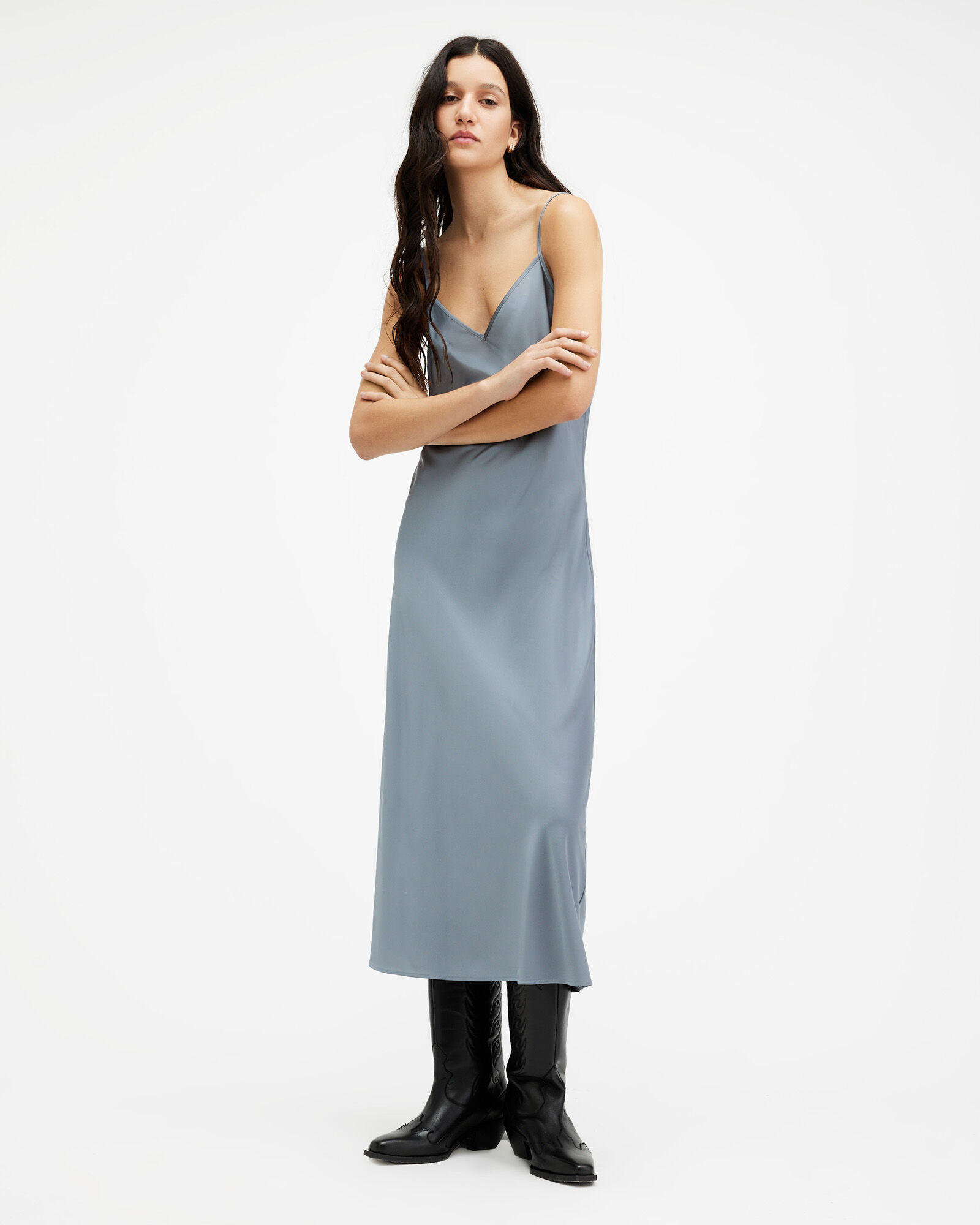 Hana 2-In1 Slim Fit Midi Slip Dress DARK DENIM BLUE | ALLSAINTS US