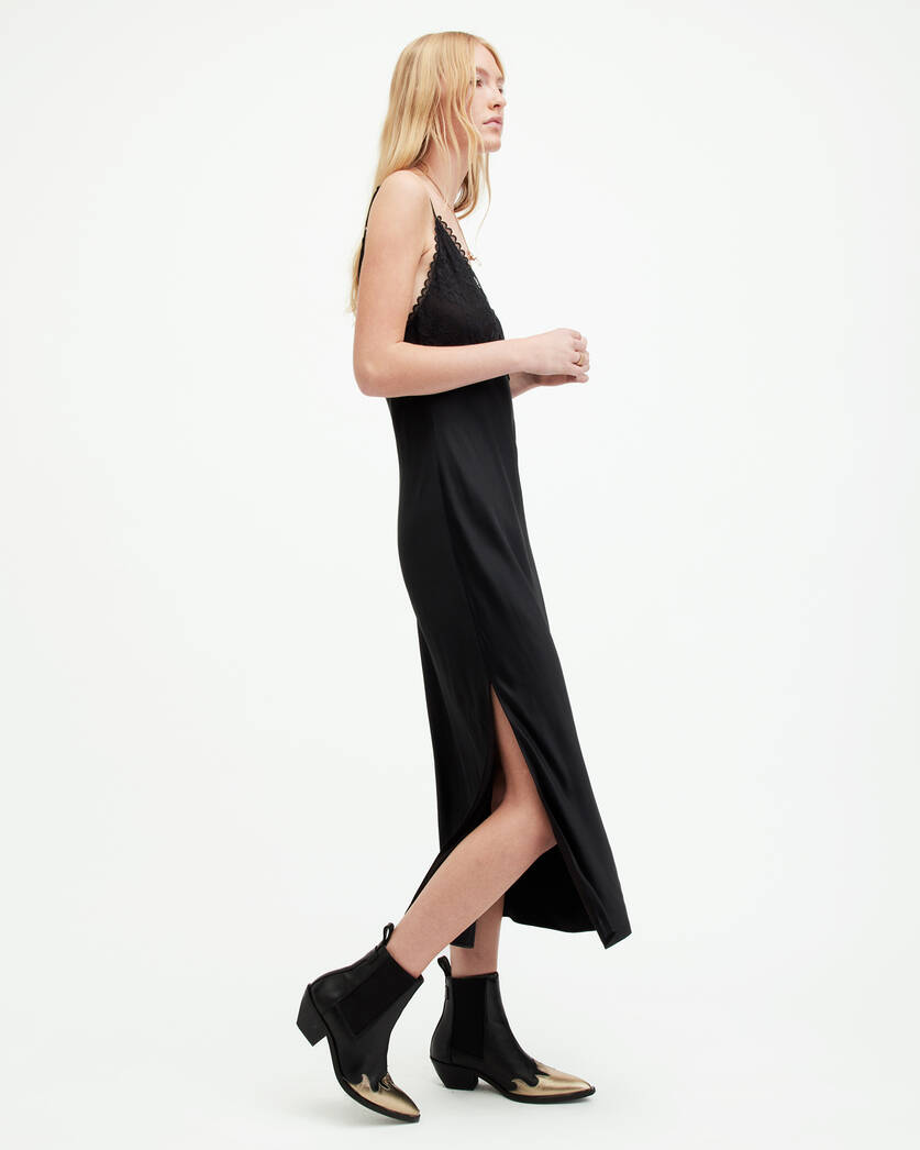 Immy Lace Trim V-Neck Midi Slip Dress Black