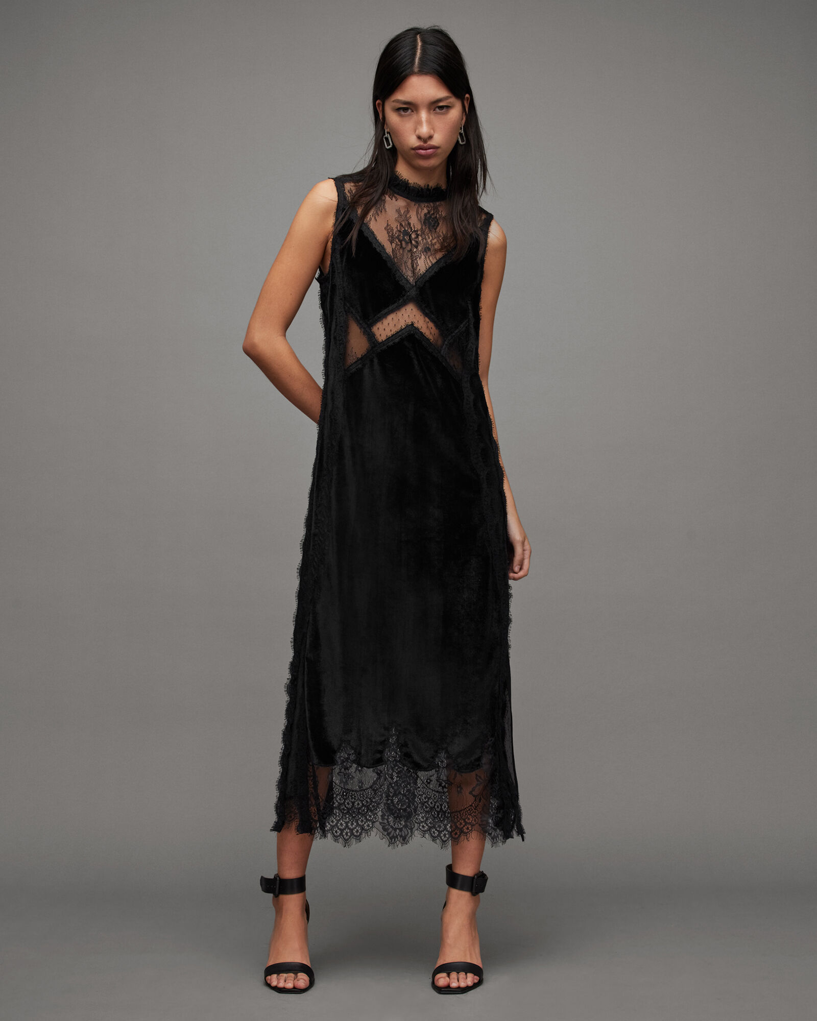 Mila Lace Panelled Frill Trim Maxi Dress Black | ALLSAINTS US