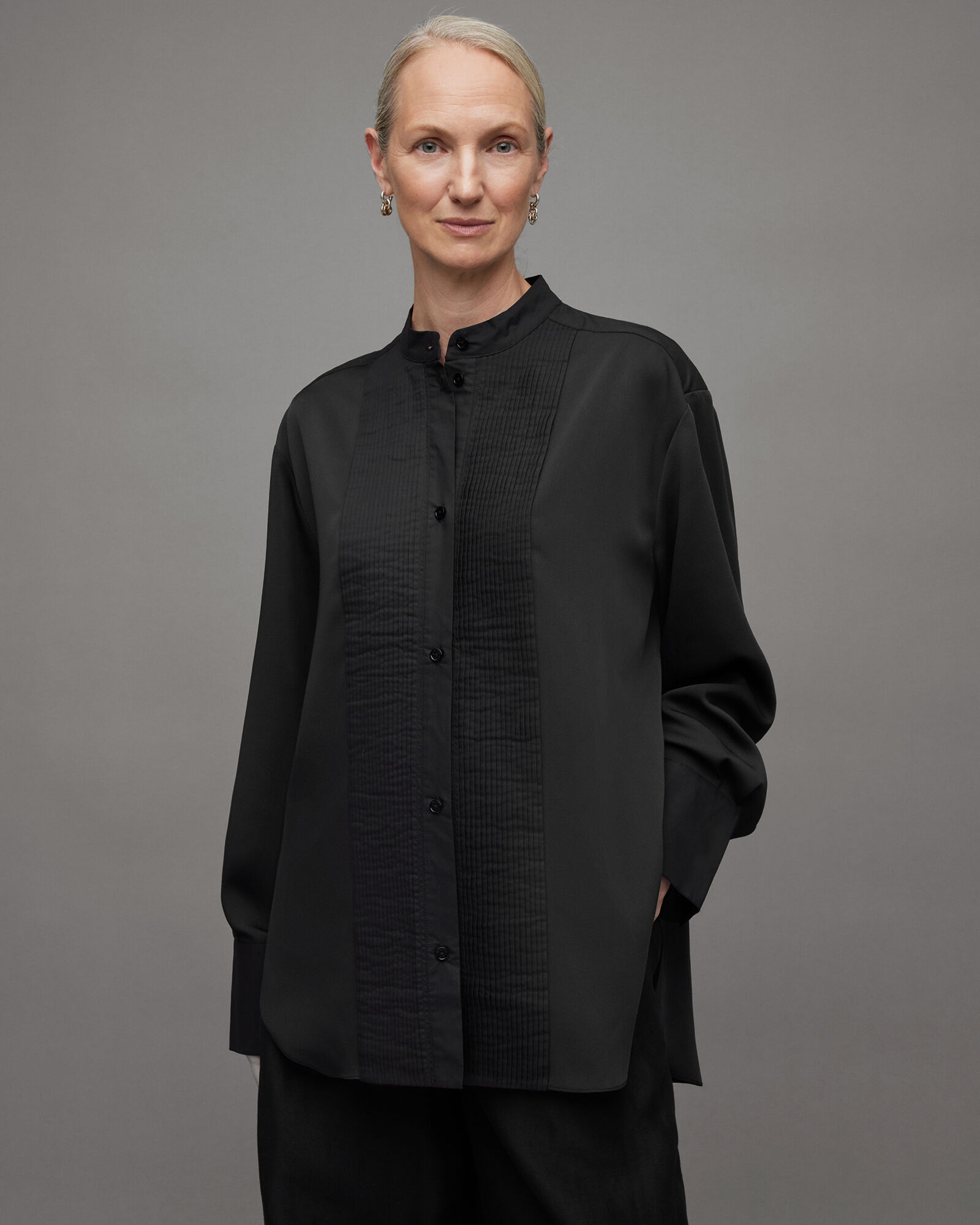 Mae Mandarin Collar Relaxed Fit Shirt Black | ALLSAINTS US
