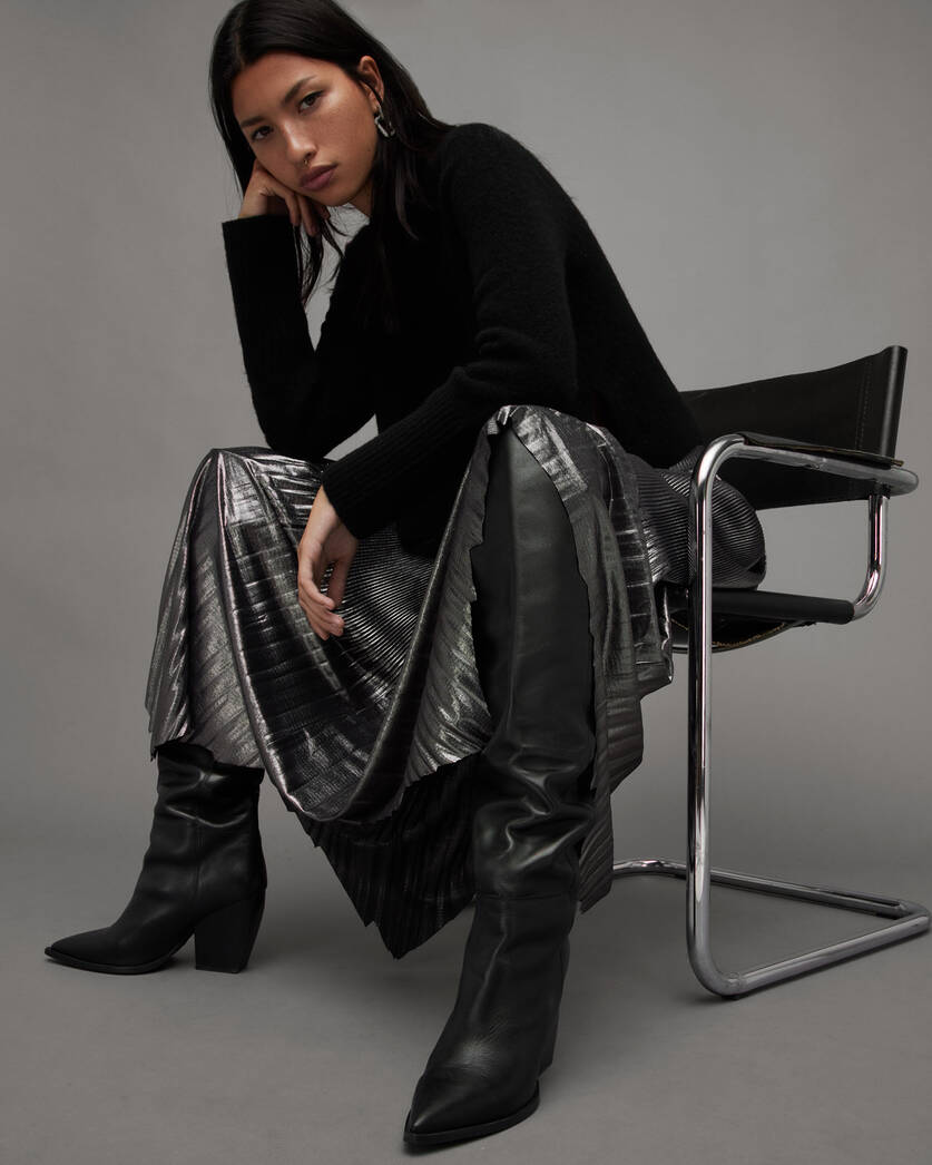 Reina Over Knee Leather Heeled Boots Black | ALLSAINTS US