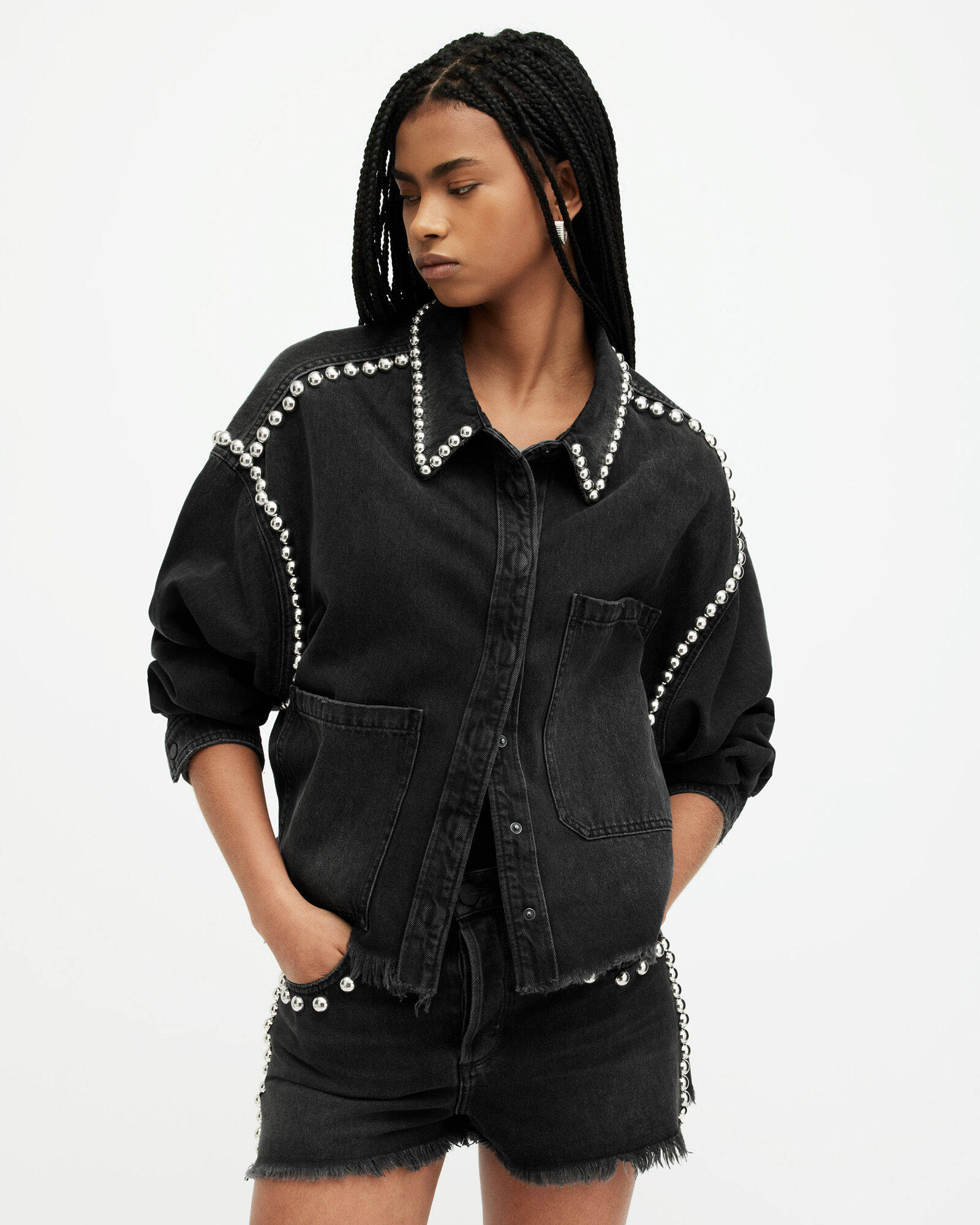 Perbai Womens Studded Rivet Denim Jacket Oversized Boyfriend Belted Mid  Long Jean Trucket Coat(Black-S) at Amazon Women's Coats Shop