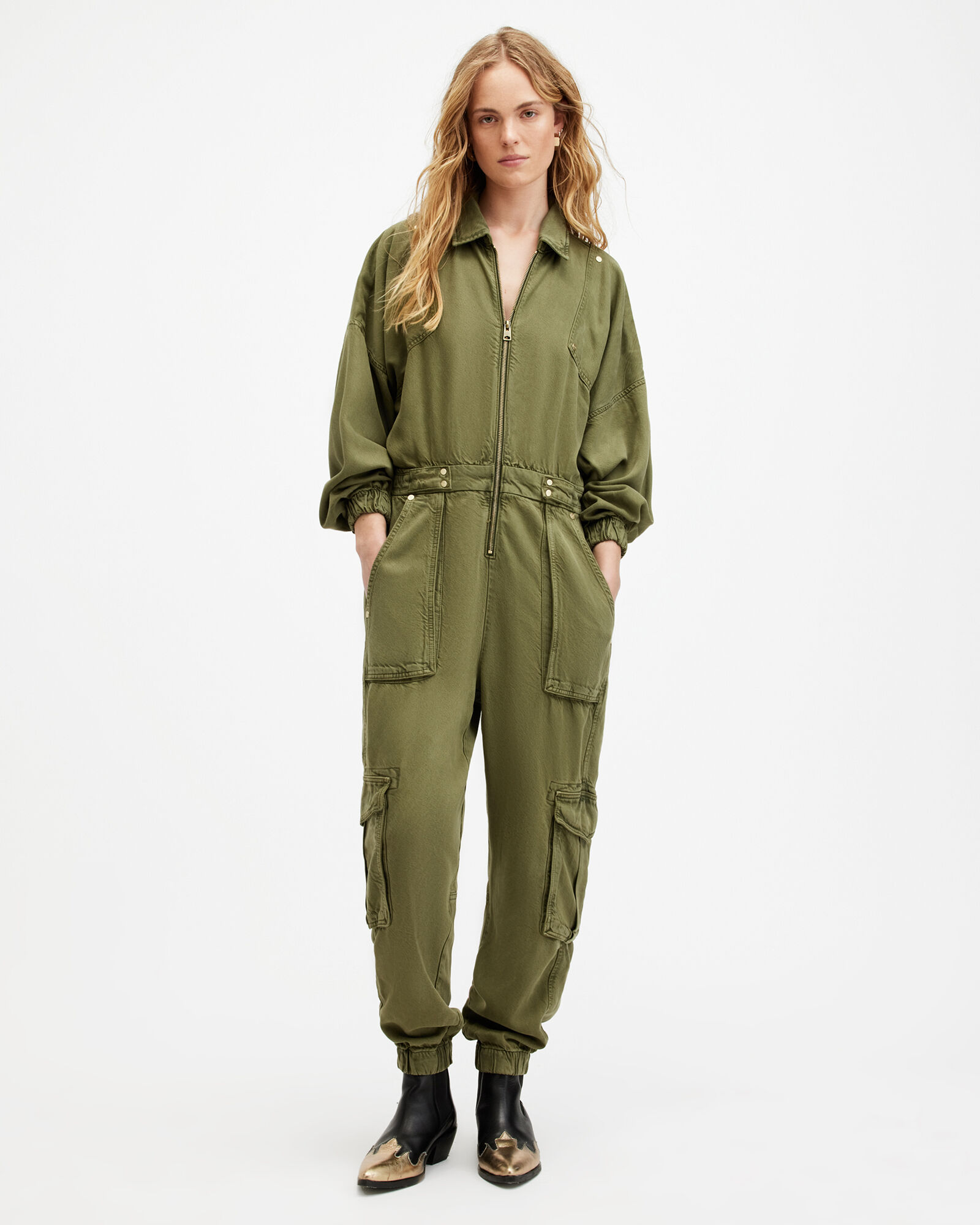 Frieda Relaxed Fit Denim Jumpsuit KHAKI GREEN | ALLSAINTS US