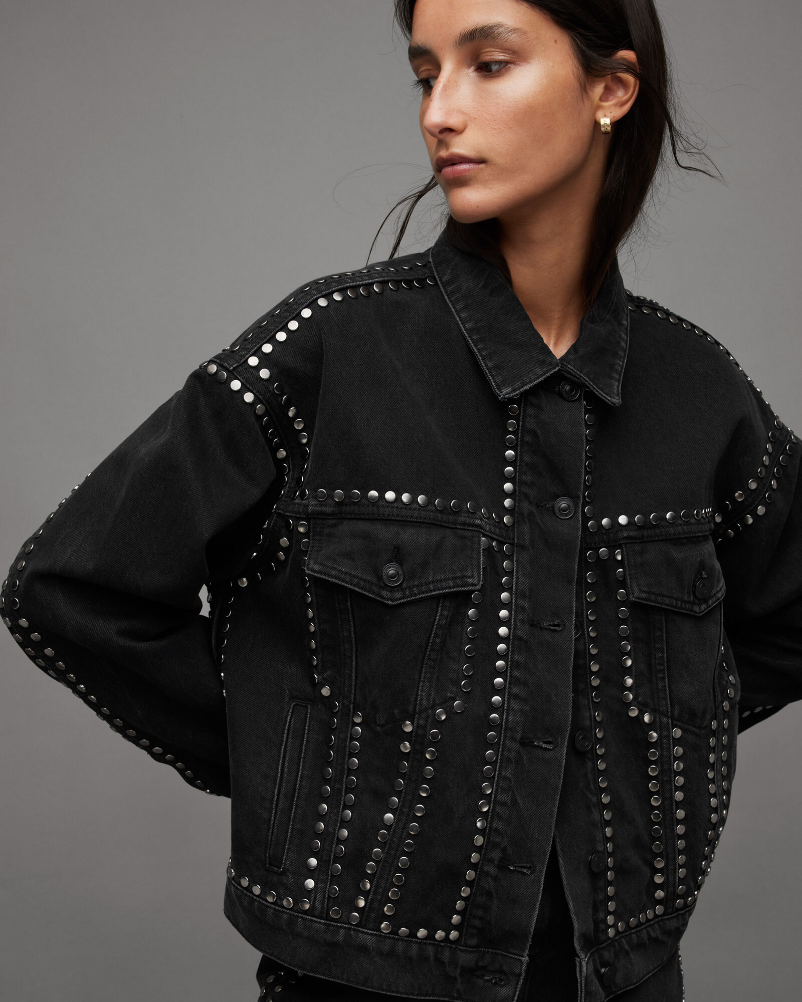 Bella Studded Relaxed Denim Jacket Black | ALLSAINTS US