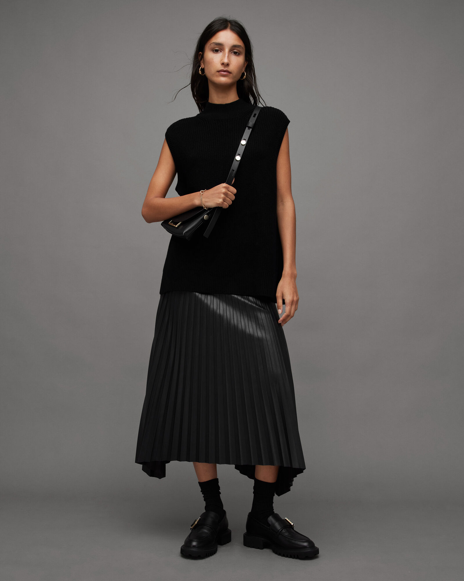 Sylvy Pleated Faux Leather Midi Skirt Black | ALLSAINTS US