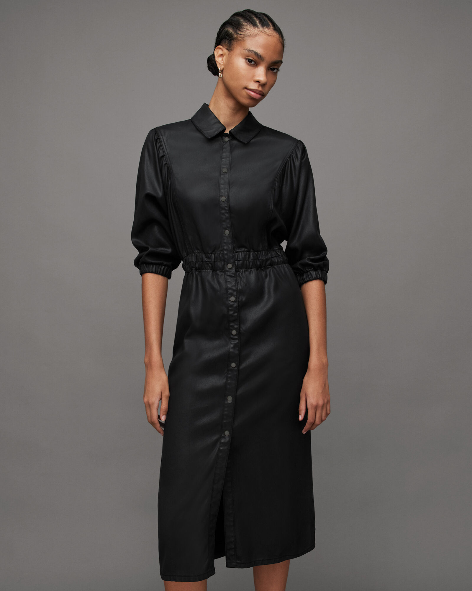 Osa Coated Denim Midi Shirt Dress Black | ALLSAINTS US