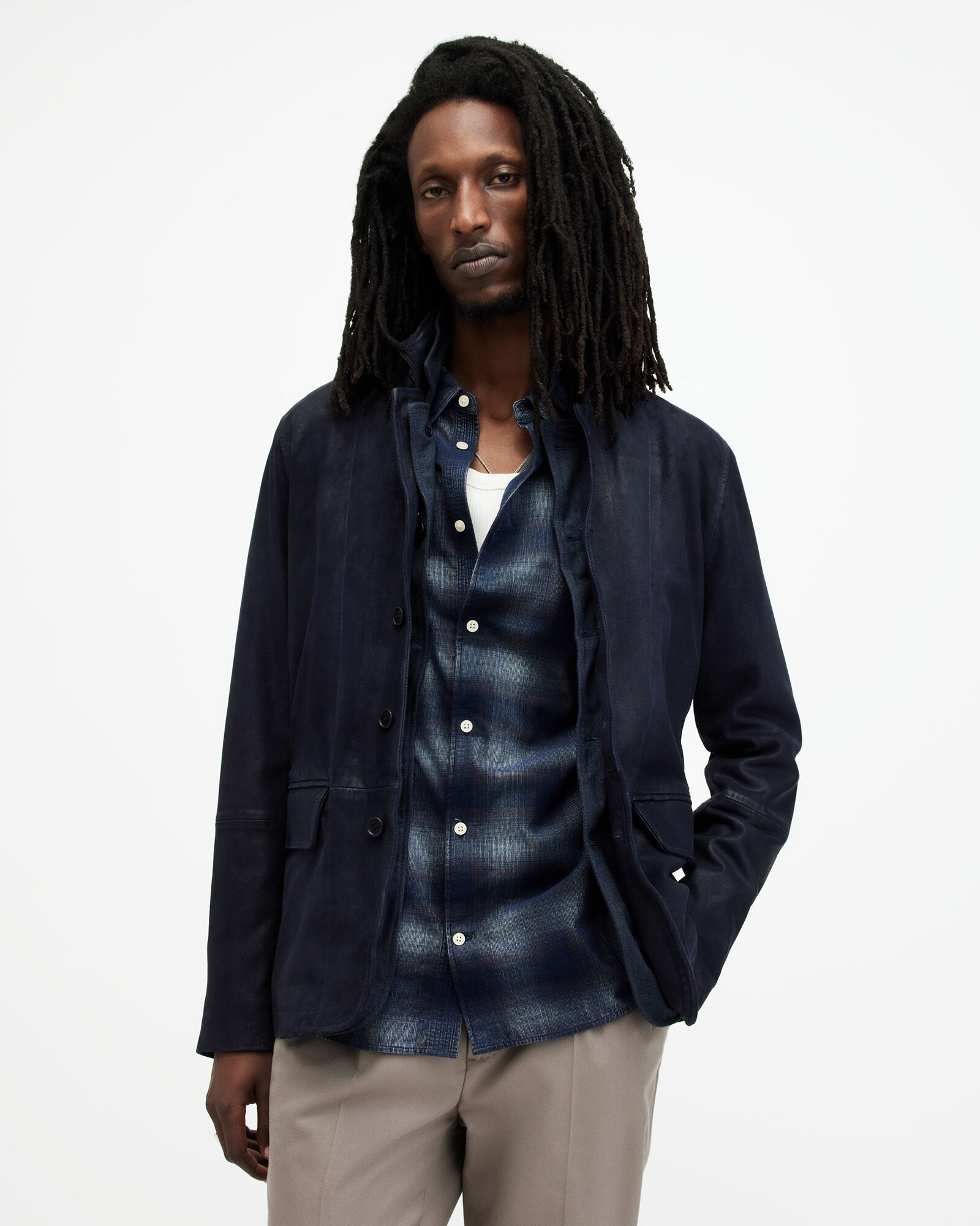 Survey Double Layered Leather Blazer MCWAY BLUE | ALLSAINTS US