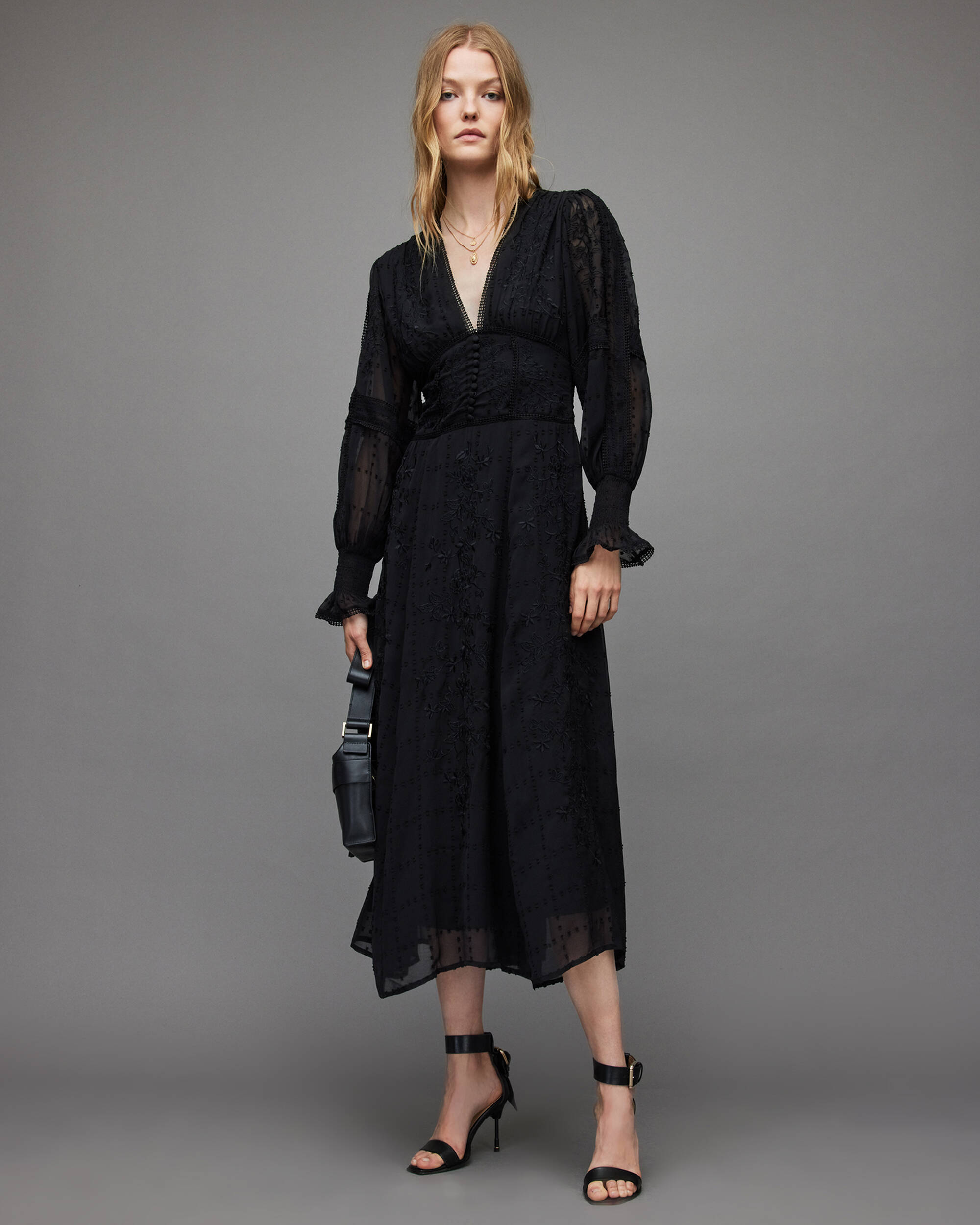 Josephine Embroidered Dress Black | ALLSAINTS US