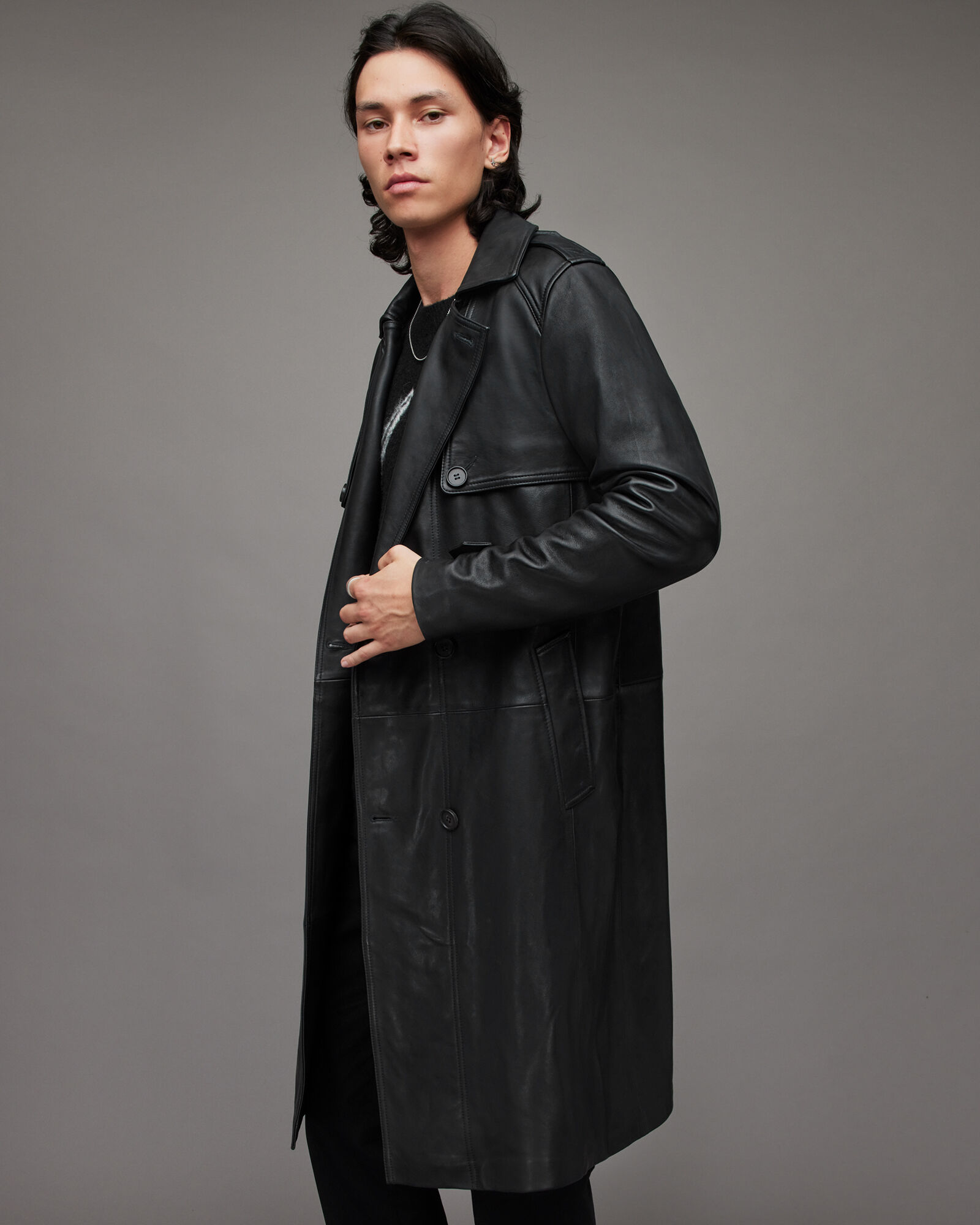 Oken Leather Trench Coat Black | ALLSAINTS US