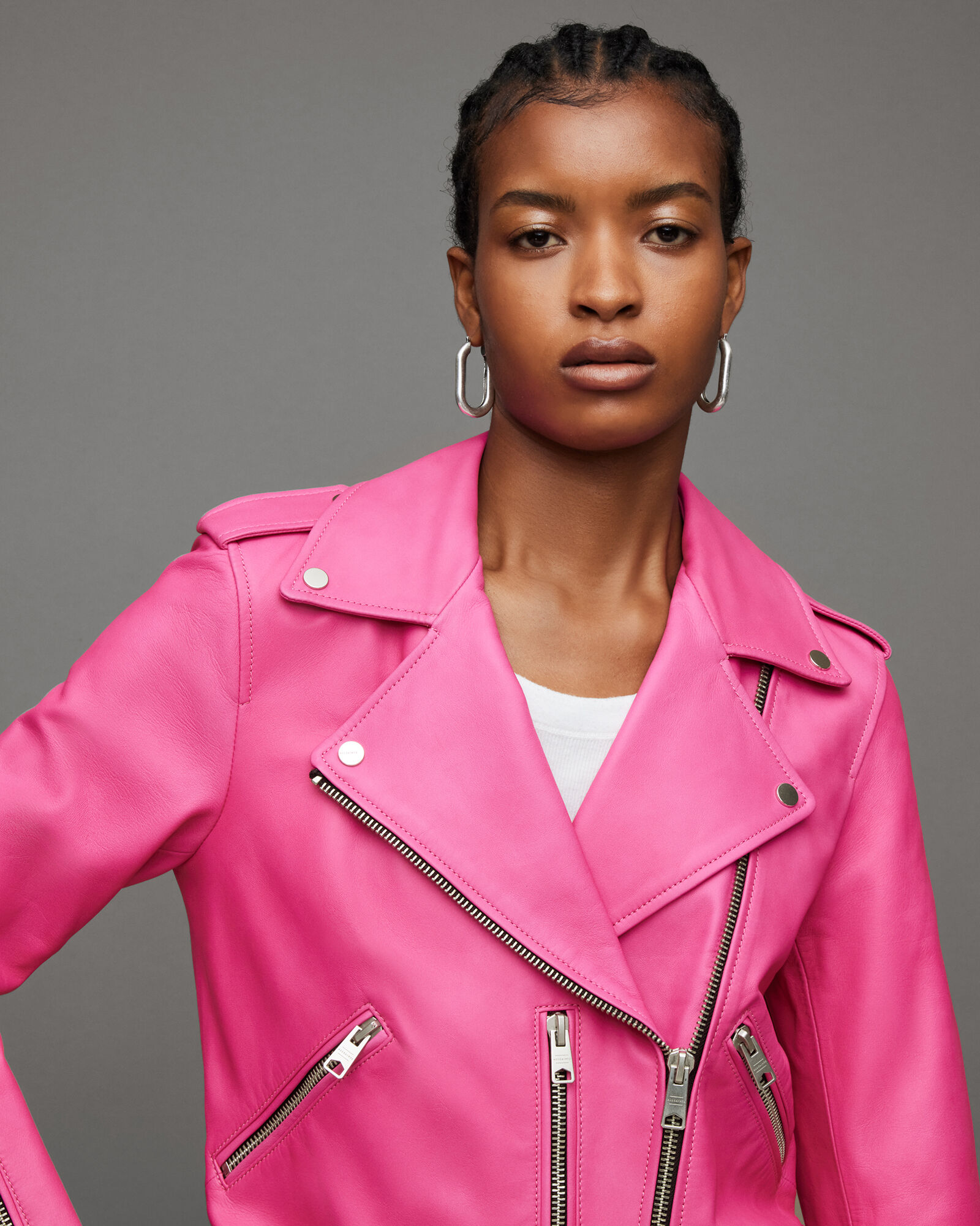 Balfern Belted Hem Leather Biker Jacket Neon Pink | ALLSAINTS US