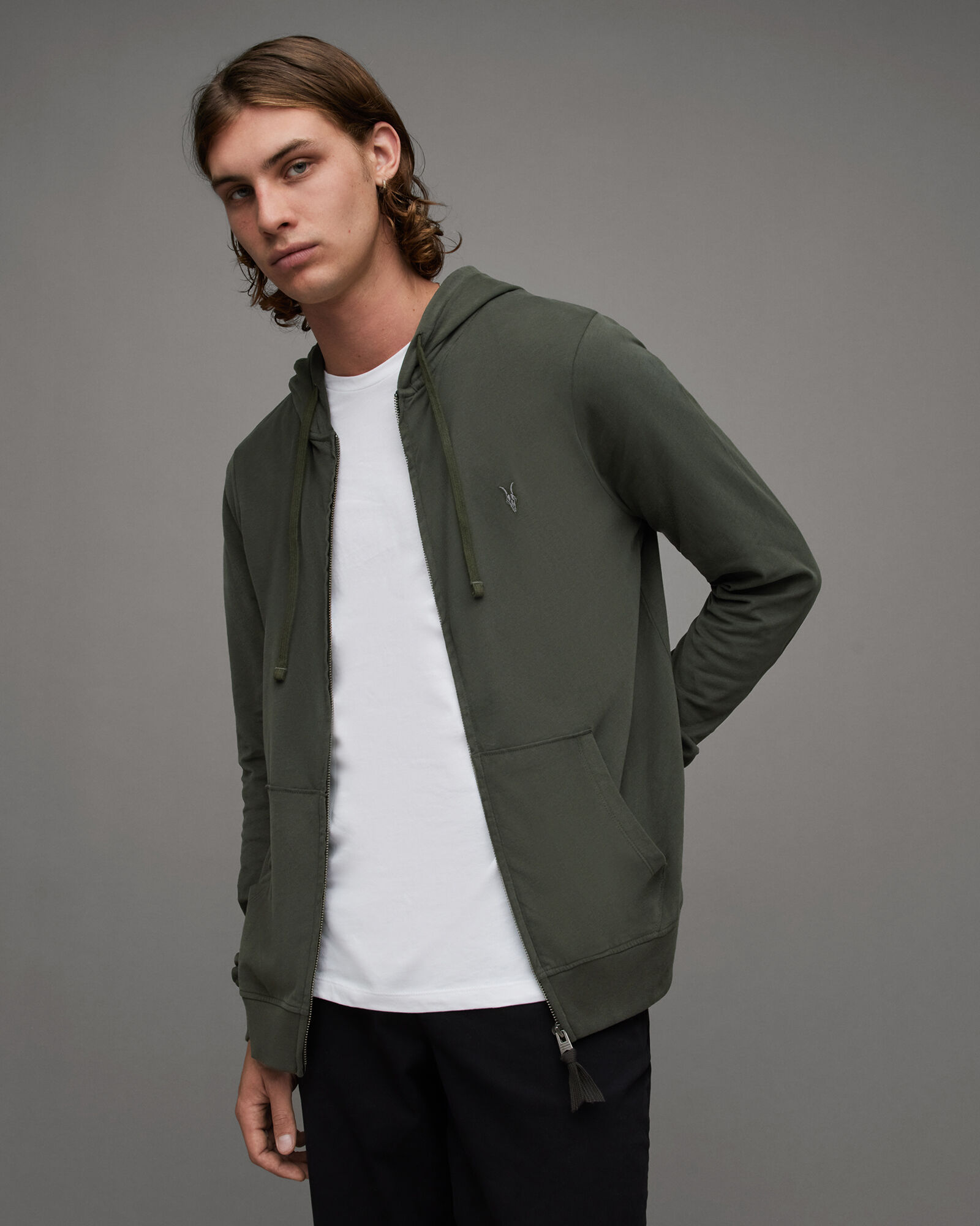 Brace Brushed Cotton Zip Up Hoodie DARK IVY GREEN | ALLSAINTS US