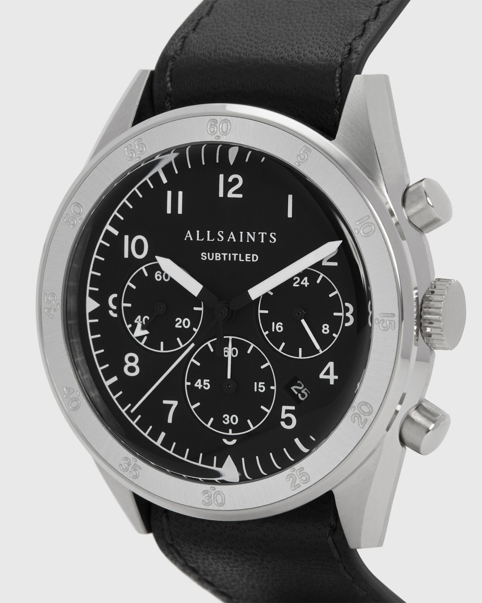 Subtitled IV Stainless Steel and Black Leather Watch