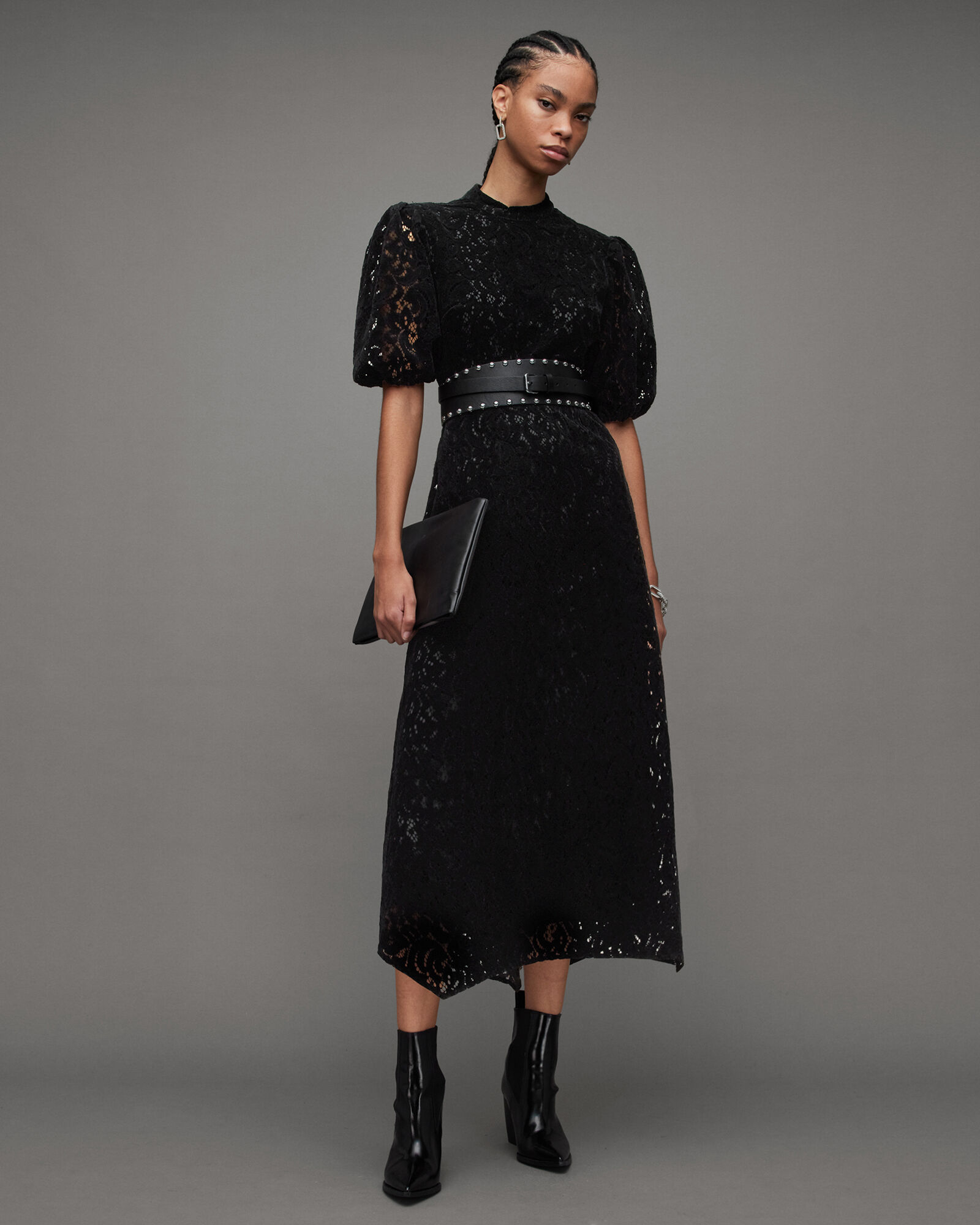 Camila High Neck Lace Asymmetric Dress Black | ALLSAINTS US