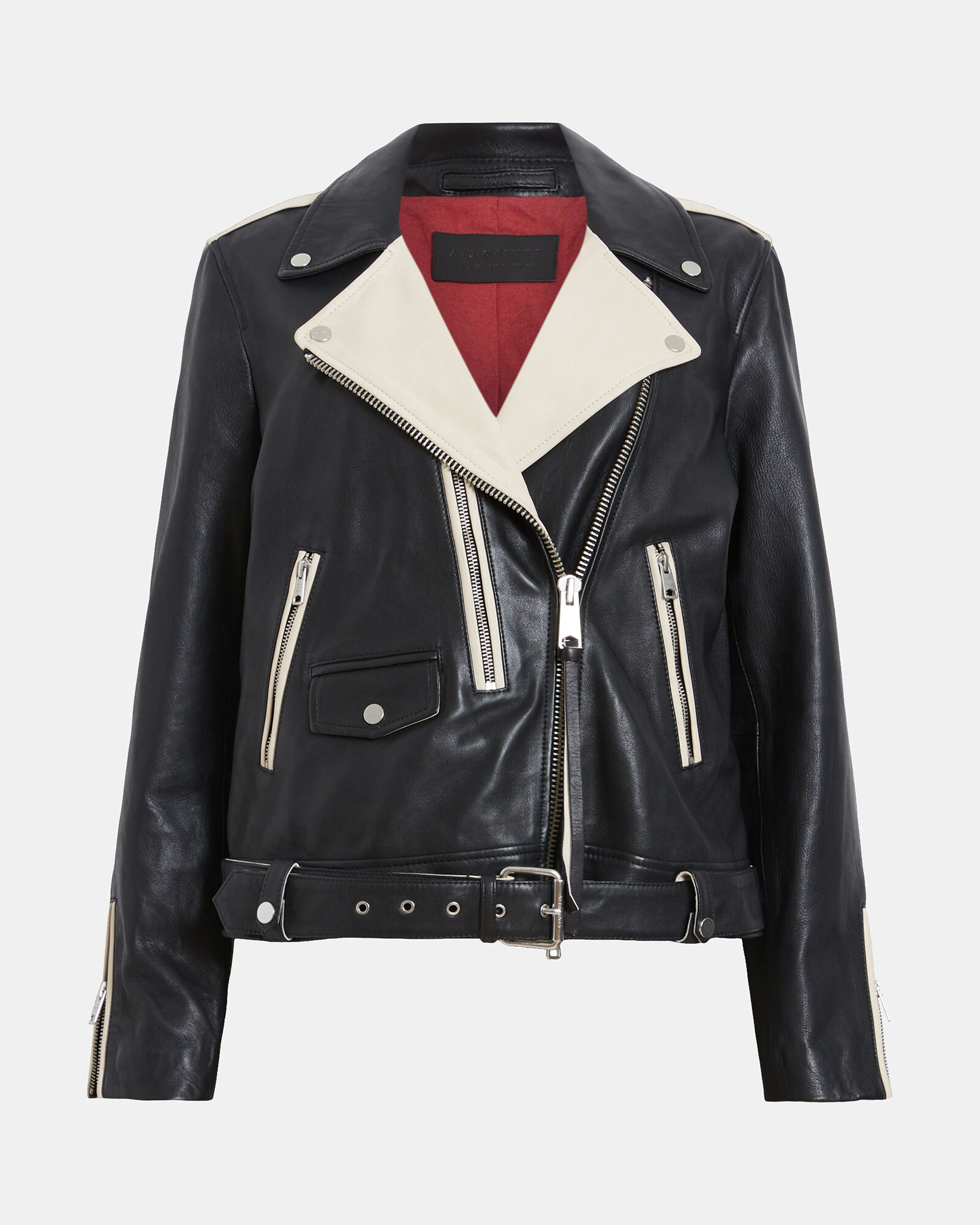 Dren Leather Contrast Biker Jacket Black/White | ALLSAINTS US