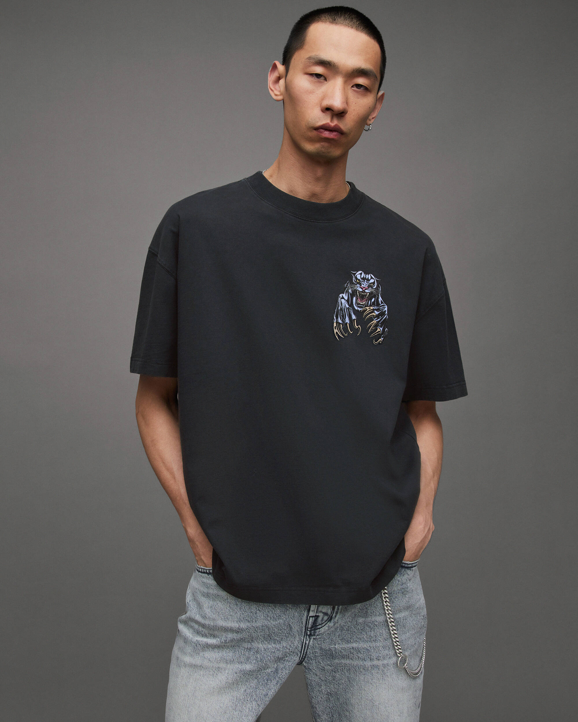 Beast Oversized Panther Crew T-Shirt Washed Black | ALLSAINTS US