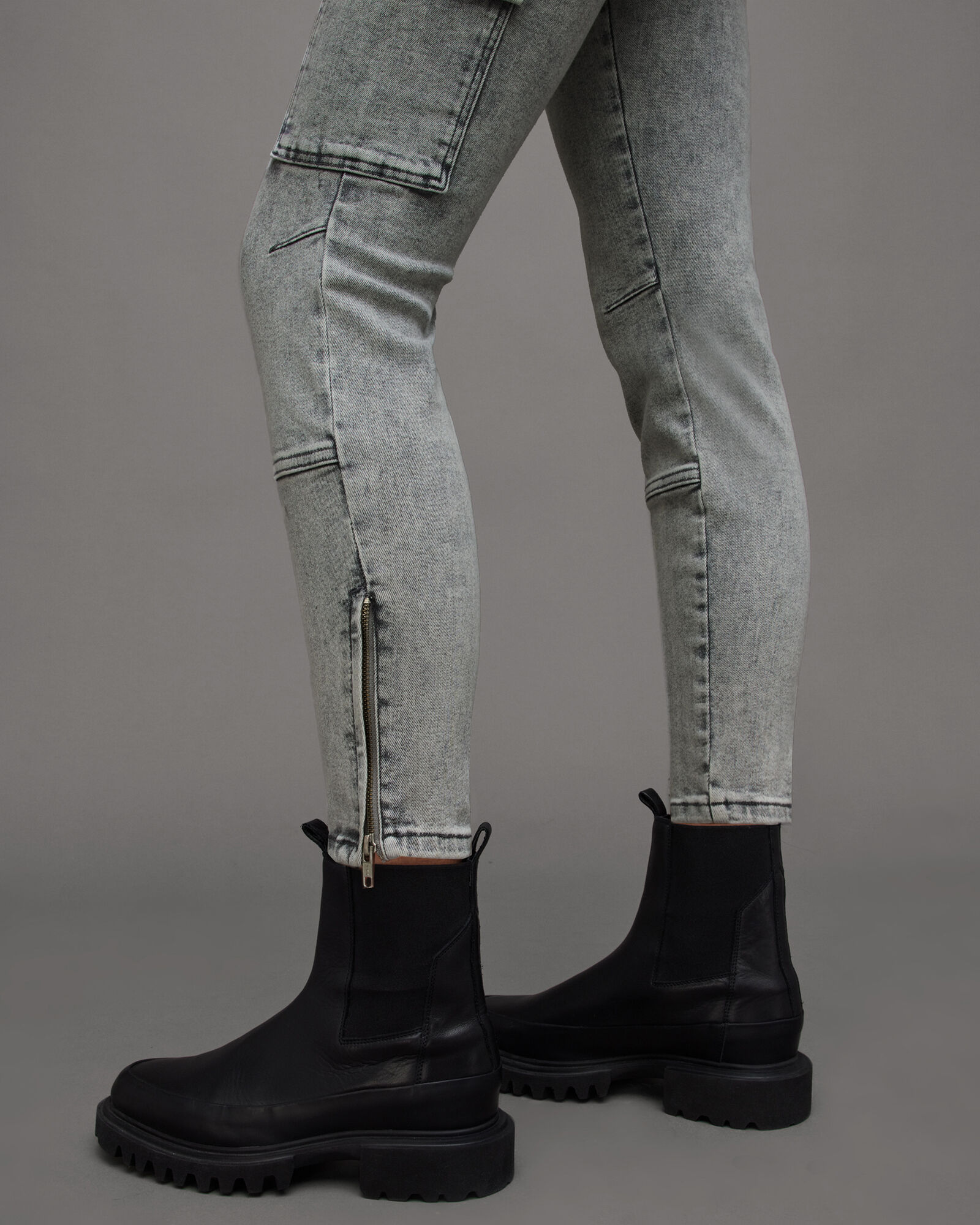 Duran Mid-Rise Skinny Cargo Denim Jeans SNOW GREY | ALLSAINTS US